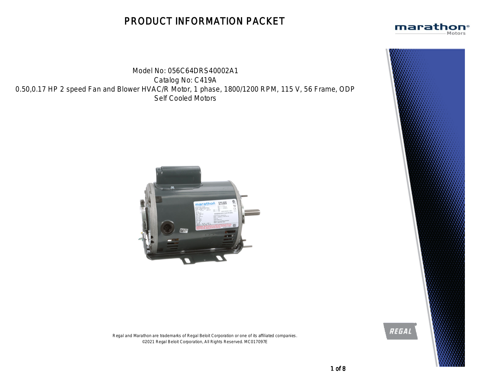 Marathon Electric C419A Product Information Packet