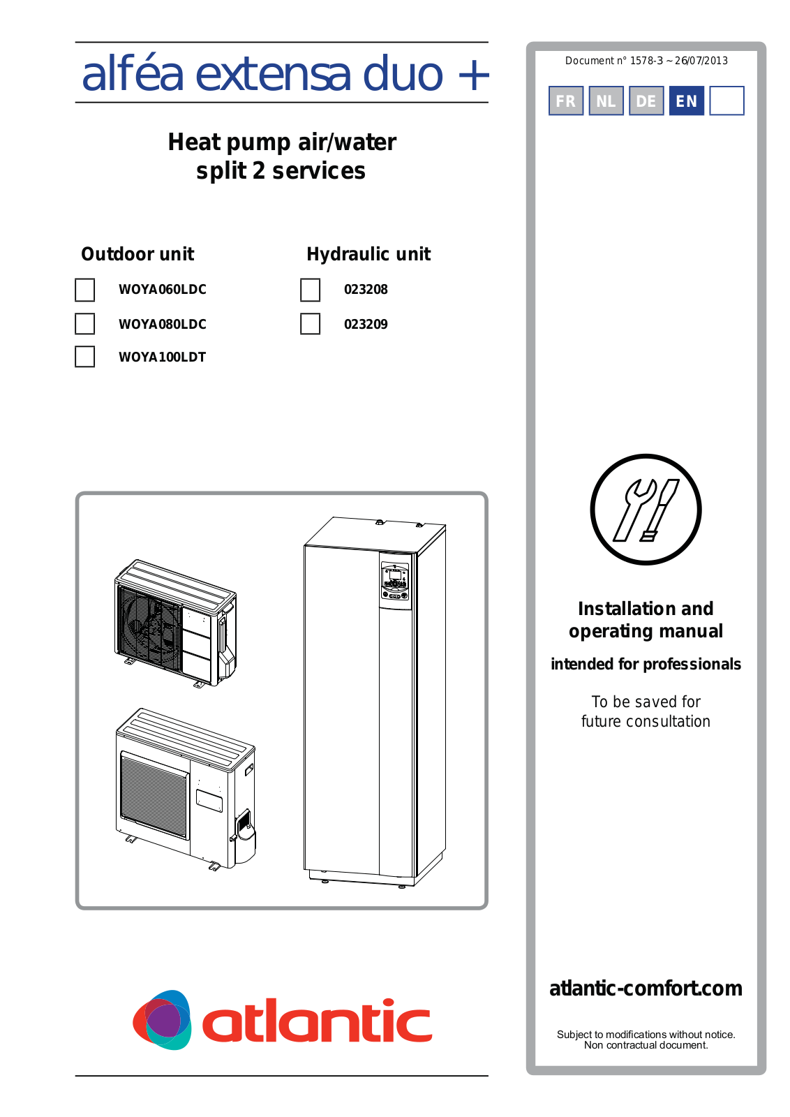 Atlantic WOYA060LDC, WOYA080LDC, WOYAIOOLDT, 023208, 023209 Installation And Operating Manual