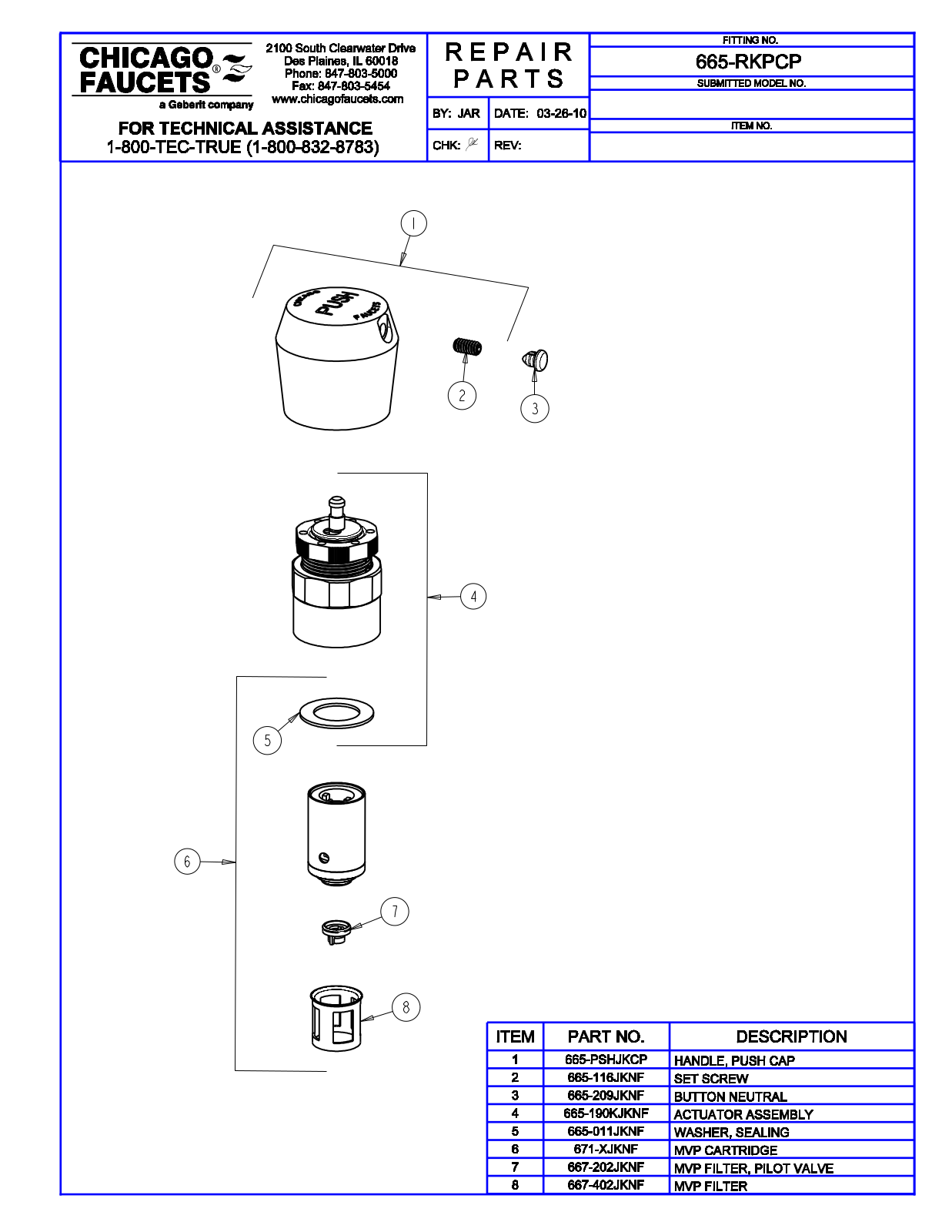 Chicago Faucet 665-RKP Parts List