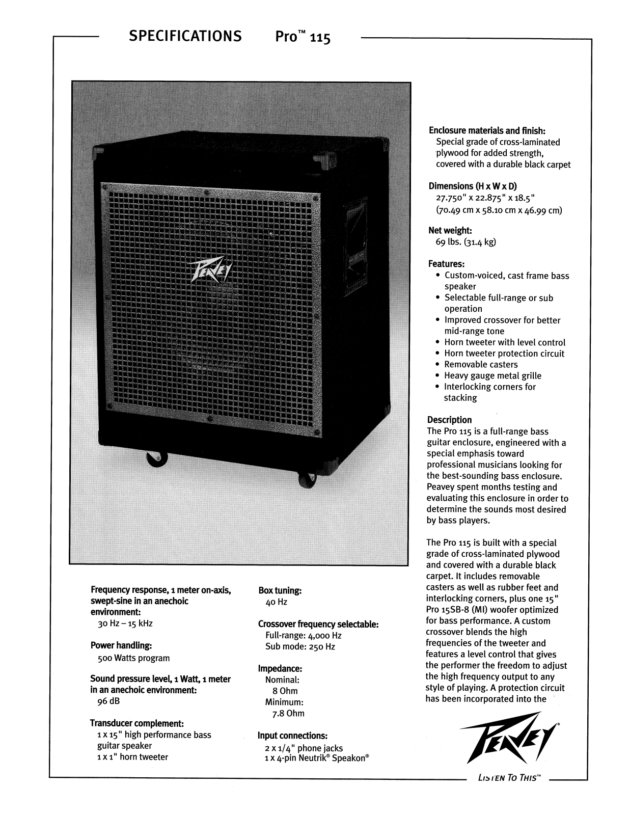 Peavey PRO 115 DATASHEET