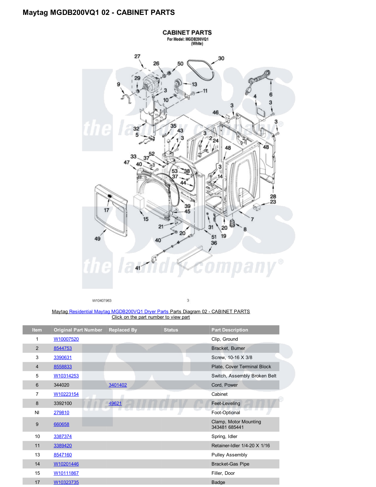 Maytag MGDB200VQ1 Parts Diagram