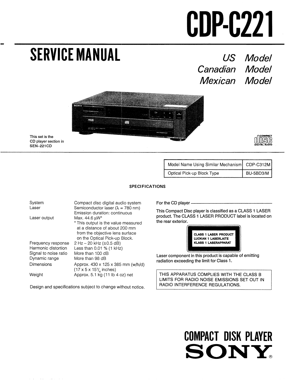 Sony CDPC-221 Service manual