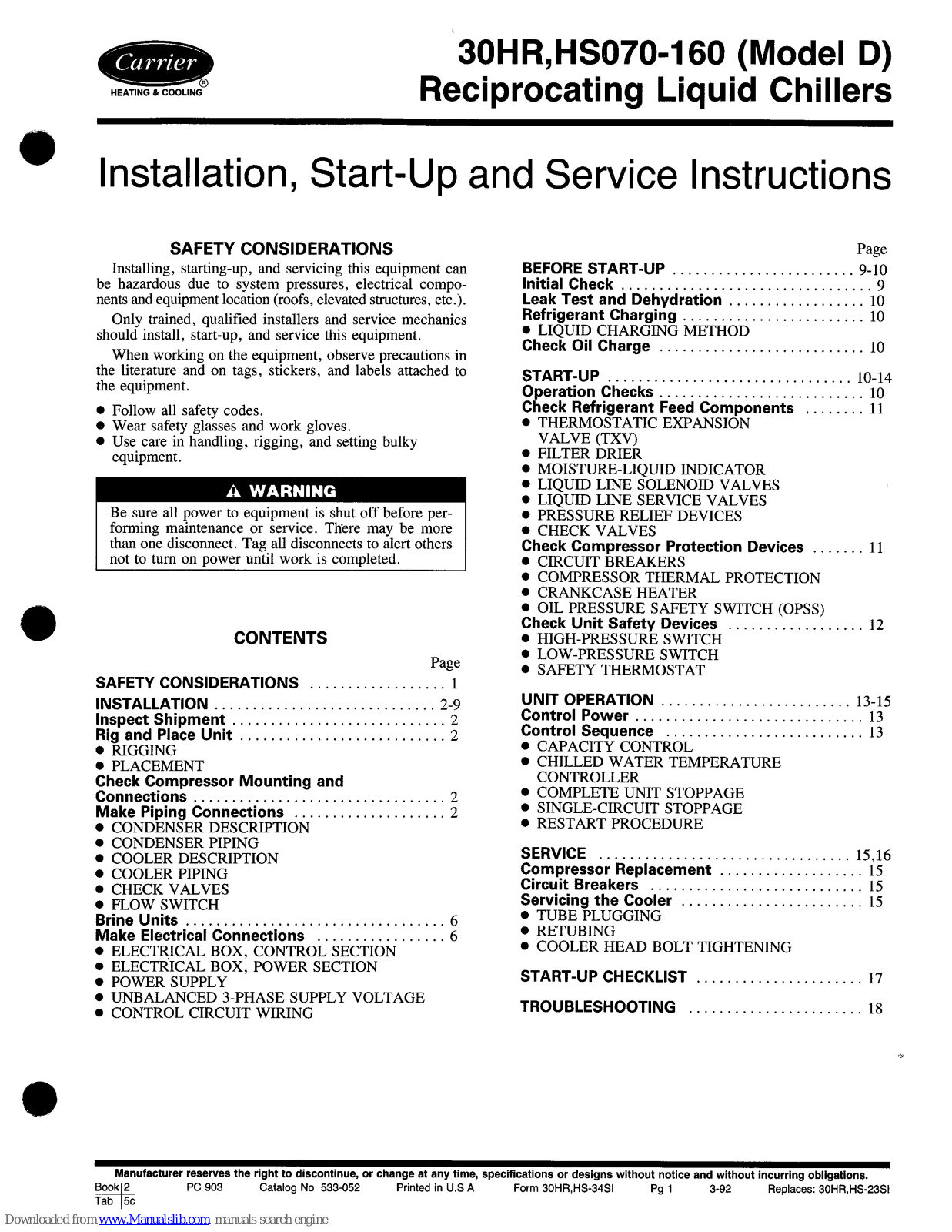 Carrier 30HR090, 30HR100, 30HR110, 30HR120, 30HR140 Installation, Start-up And Service Instructions Manual - ManualMachine.com