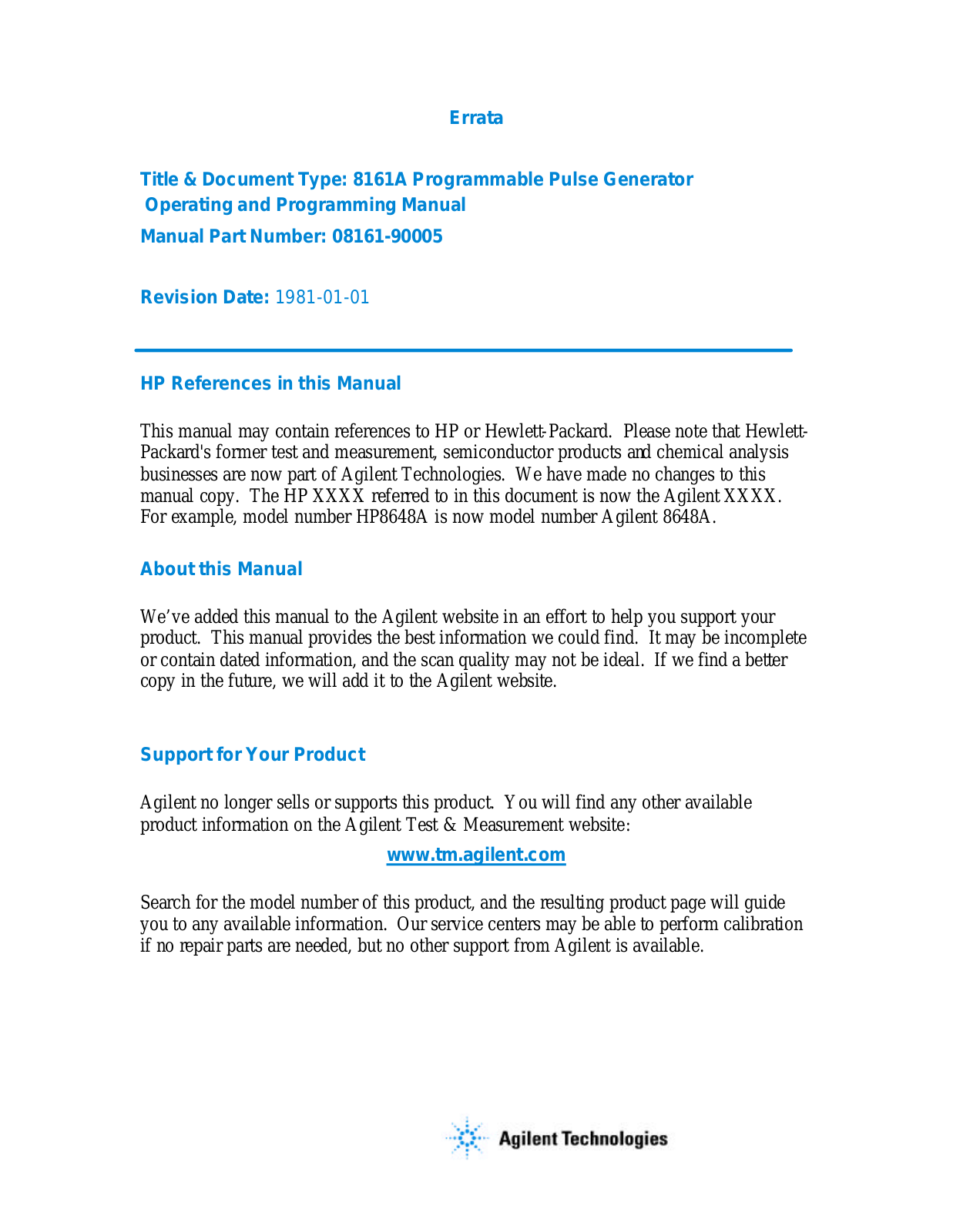 Agilent Technologies 08161-90005 User Manual