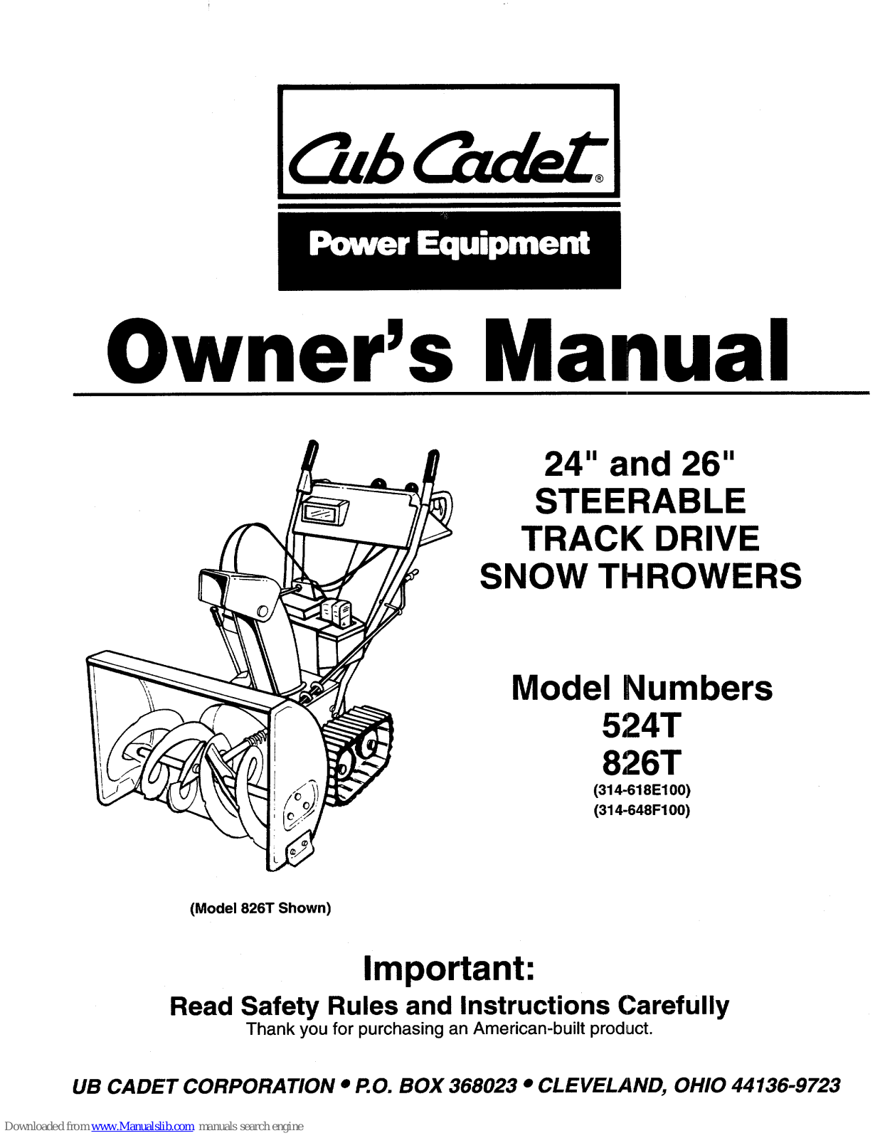 Cub Cadet 524T, 826T Owner's Manual