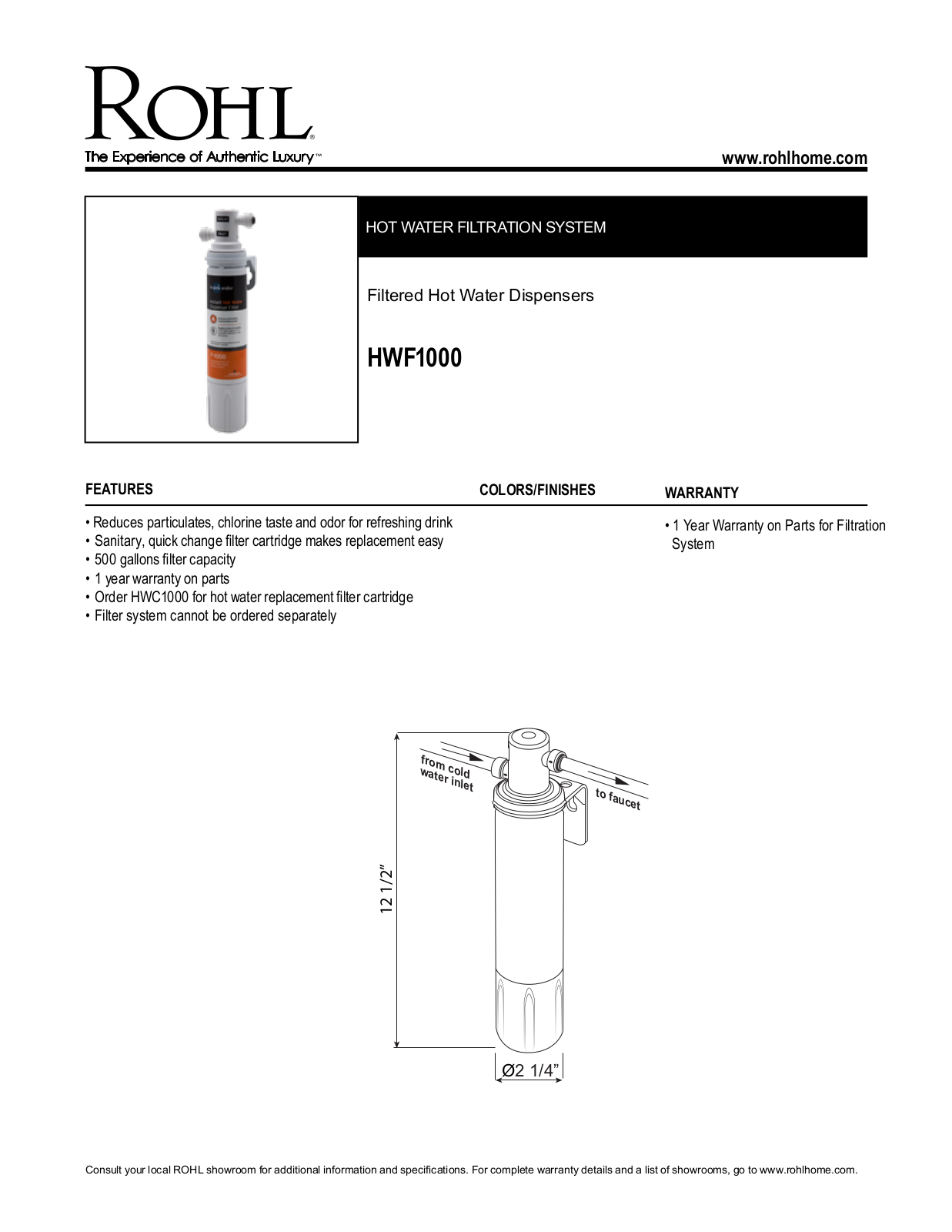 Rohl HWF1000 Specs