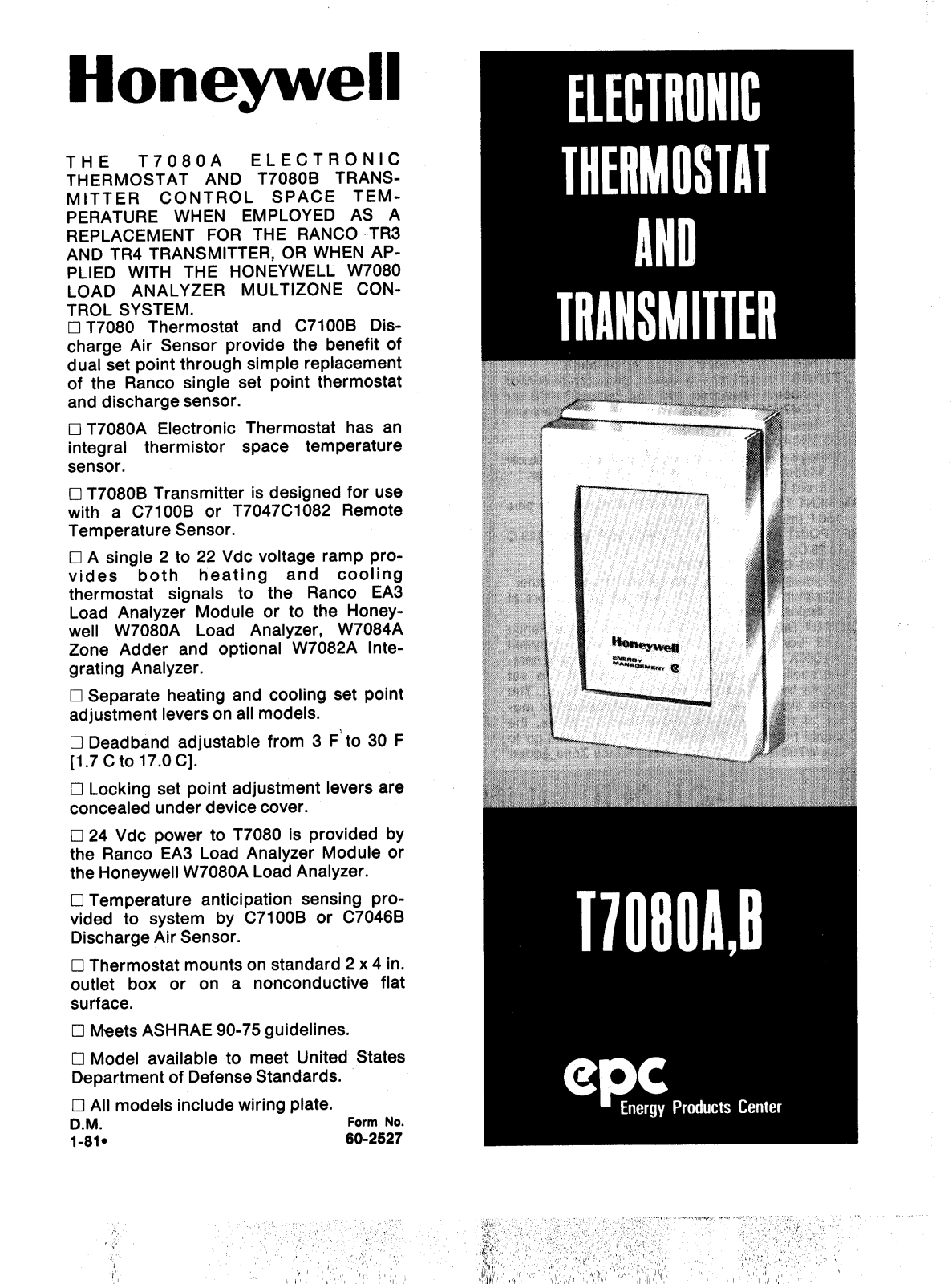 Honeywell T7080A, T7080B Product Information Sheet