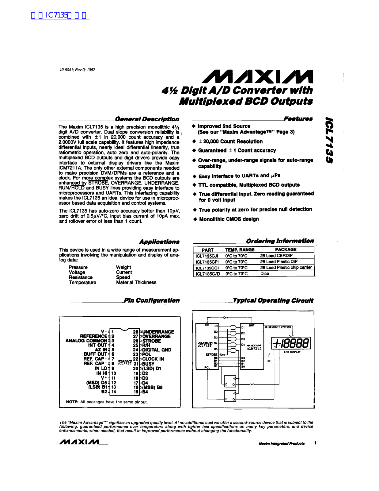 MAXIM ICL7135 Technical data