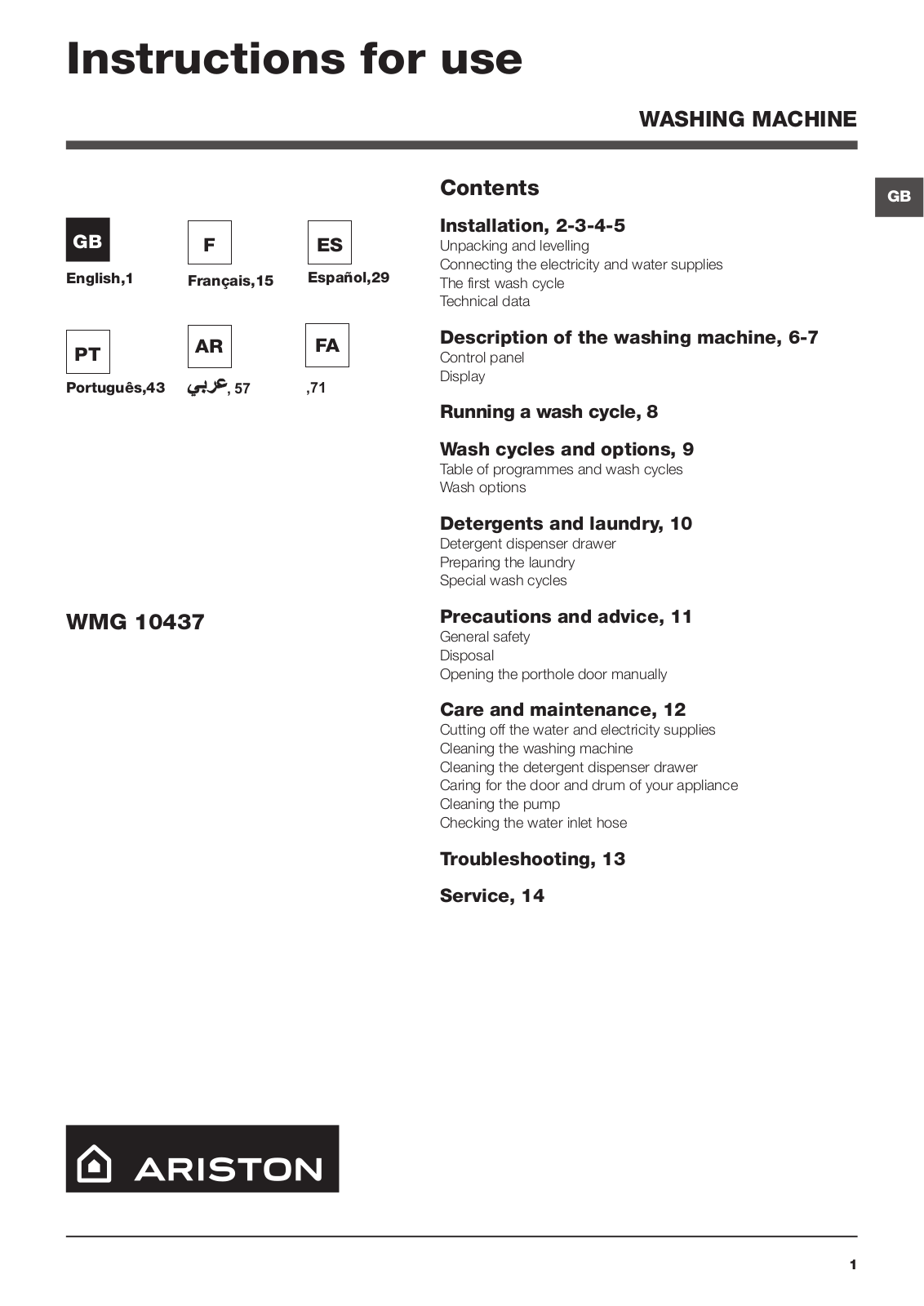 Hotpoint WMG 10437BS EX 60HZ User Manual