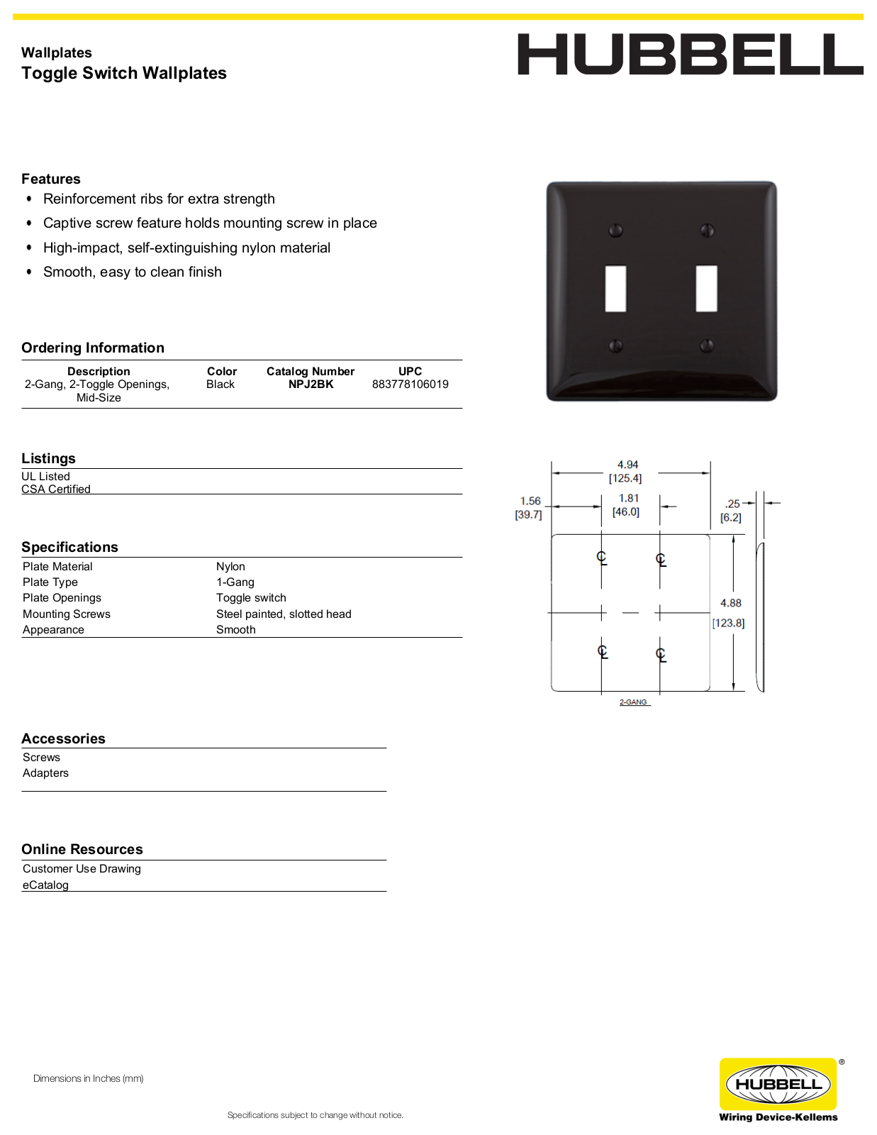 Hubbell NPJ2BK Specifications