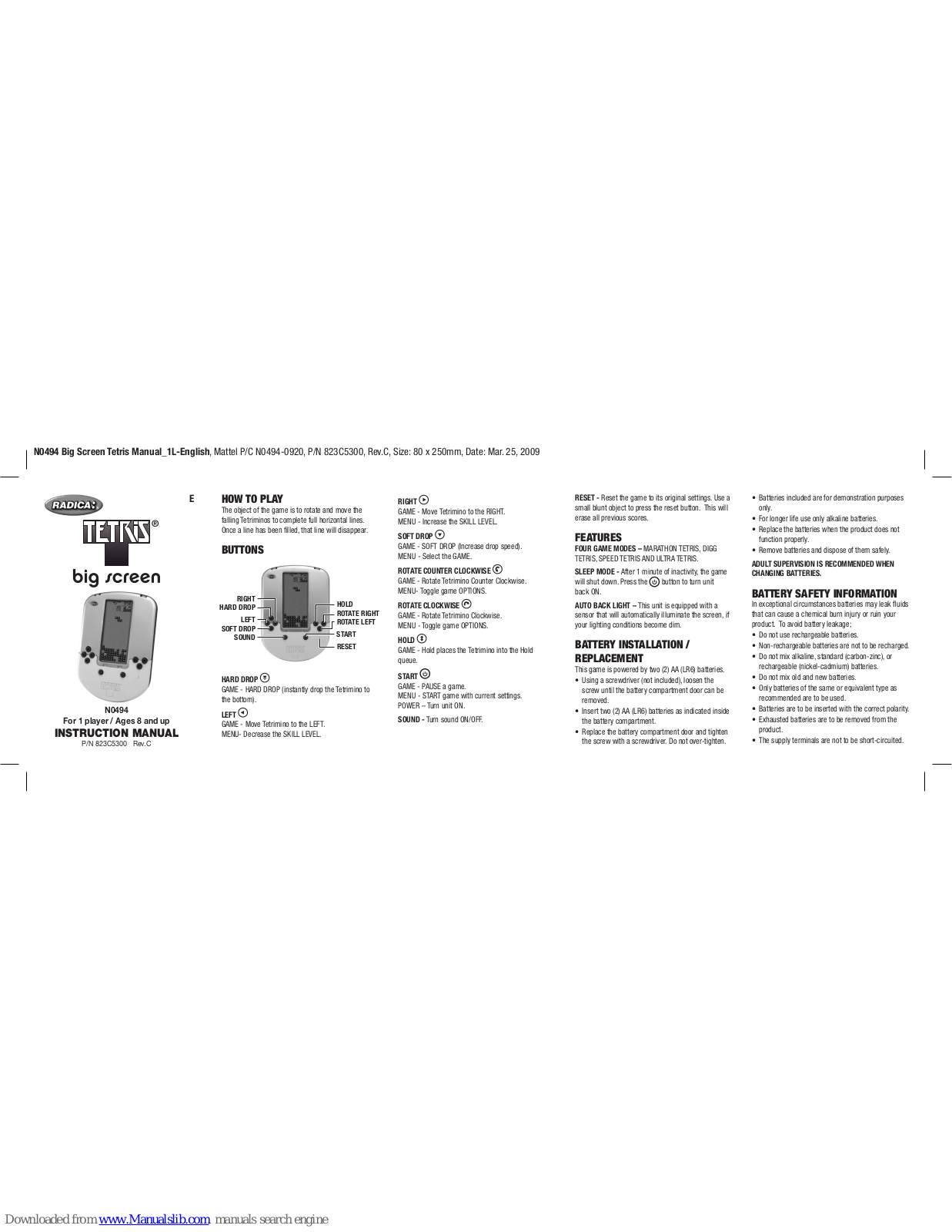 Radica Games N0494 Instruction Manual