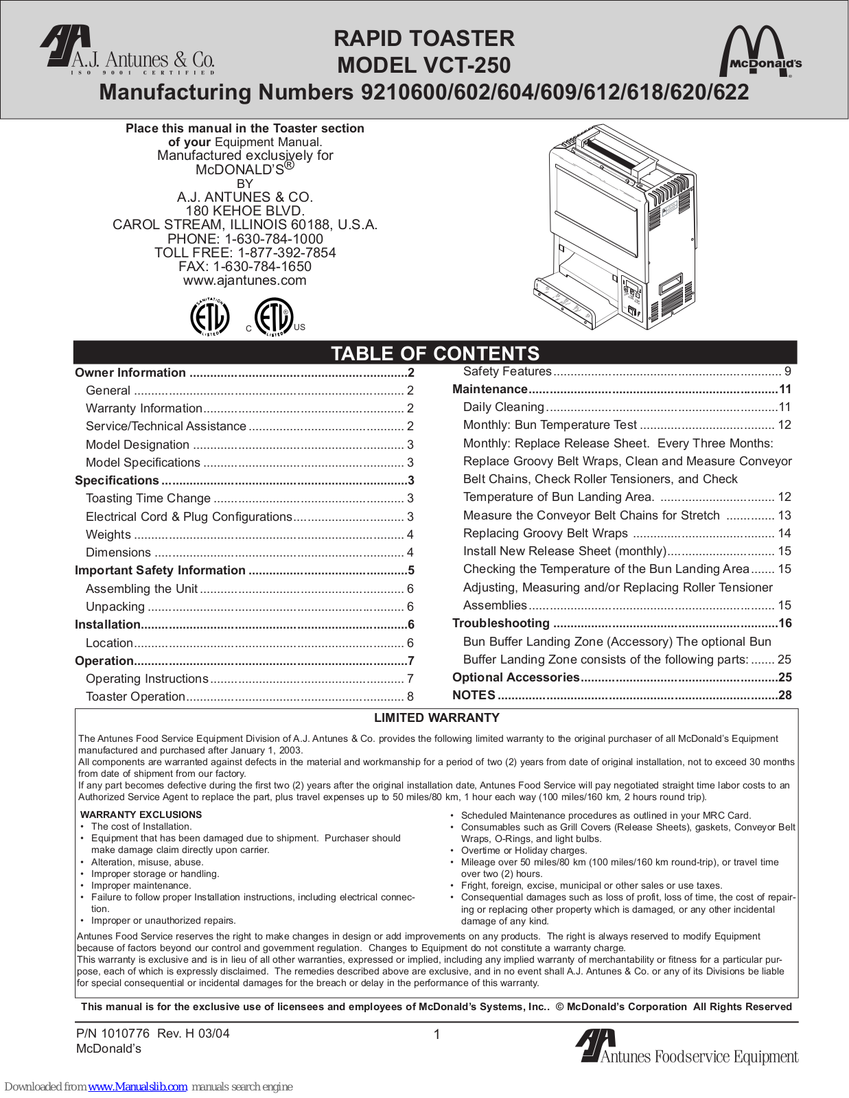 Roundup VCT-250, VCT-250RD, VCT-250RR, VCT-250HI, VCT-250RS Equipment Manual