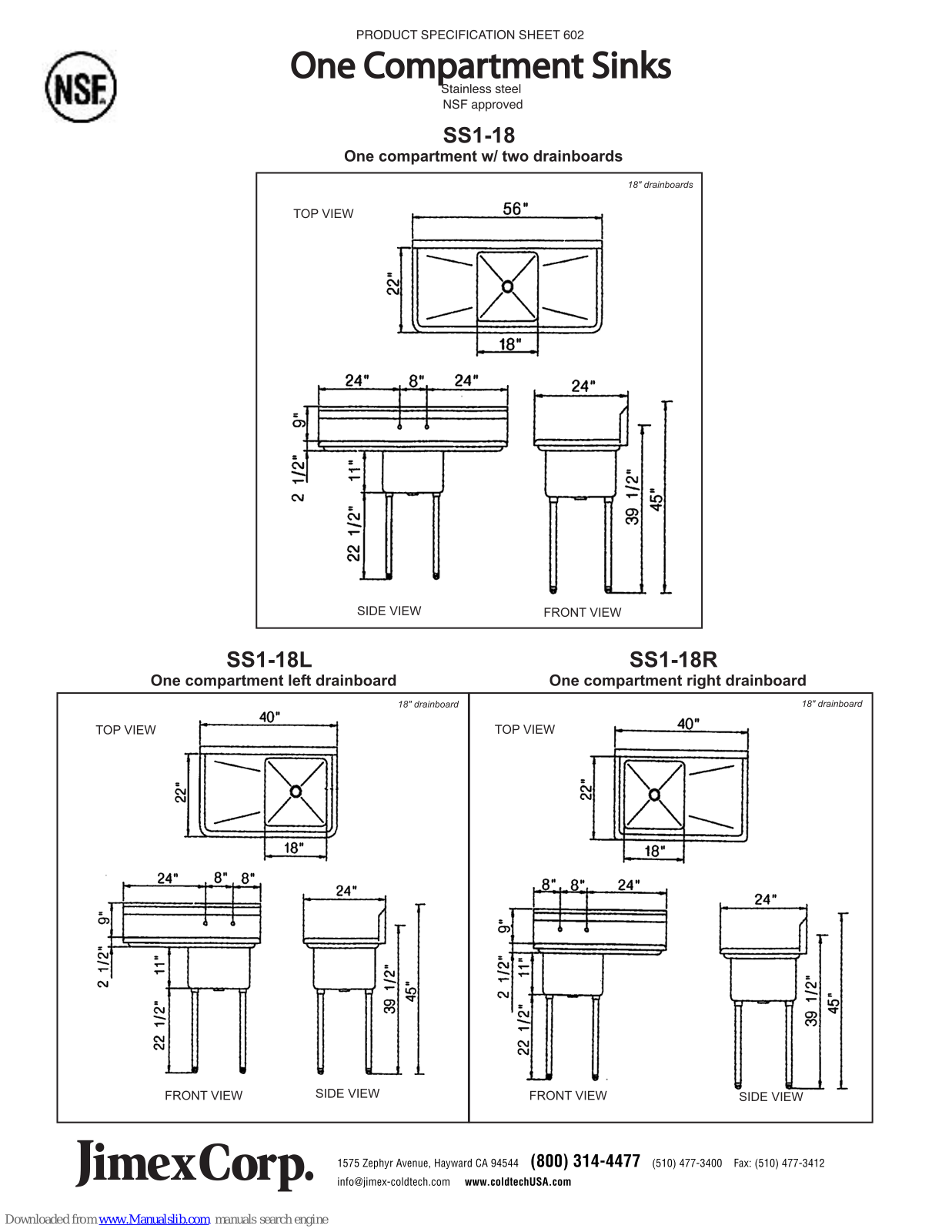 ColdTech SS1-18, SS1-18L, SS1-18R Specifications