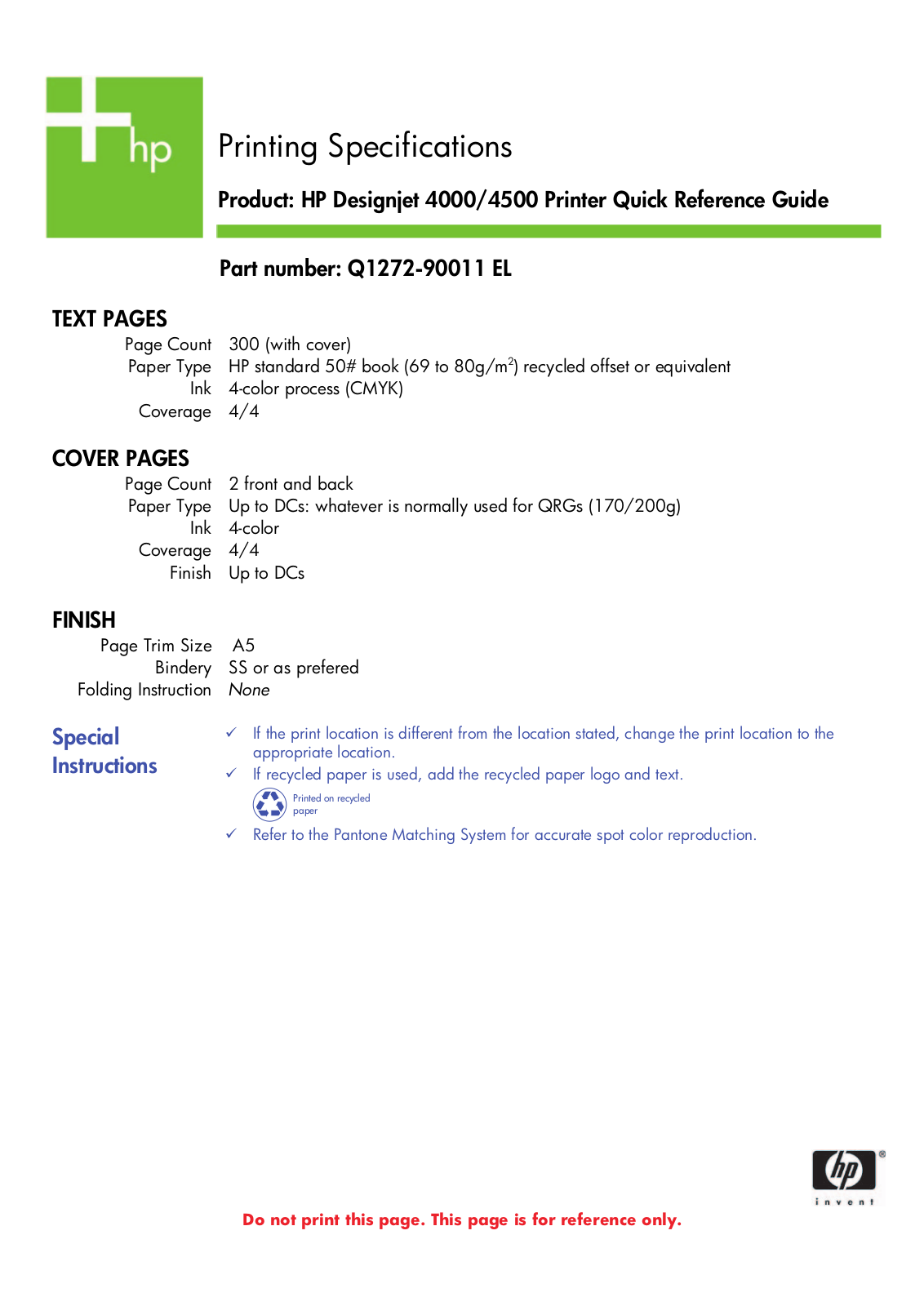 HP Designjet 4500 Quick Reference Guide