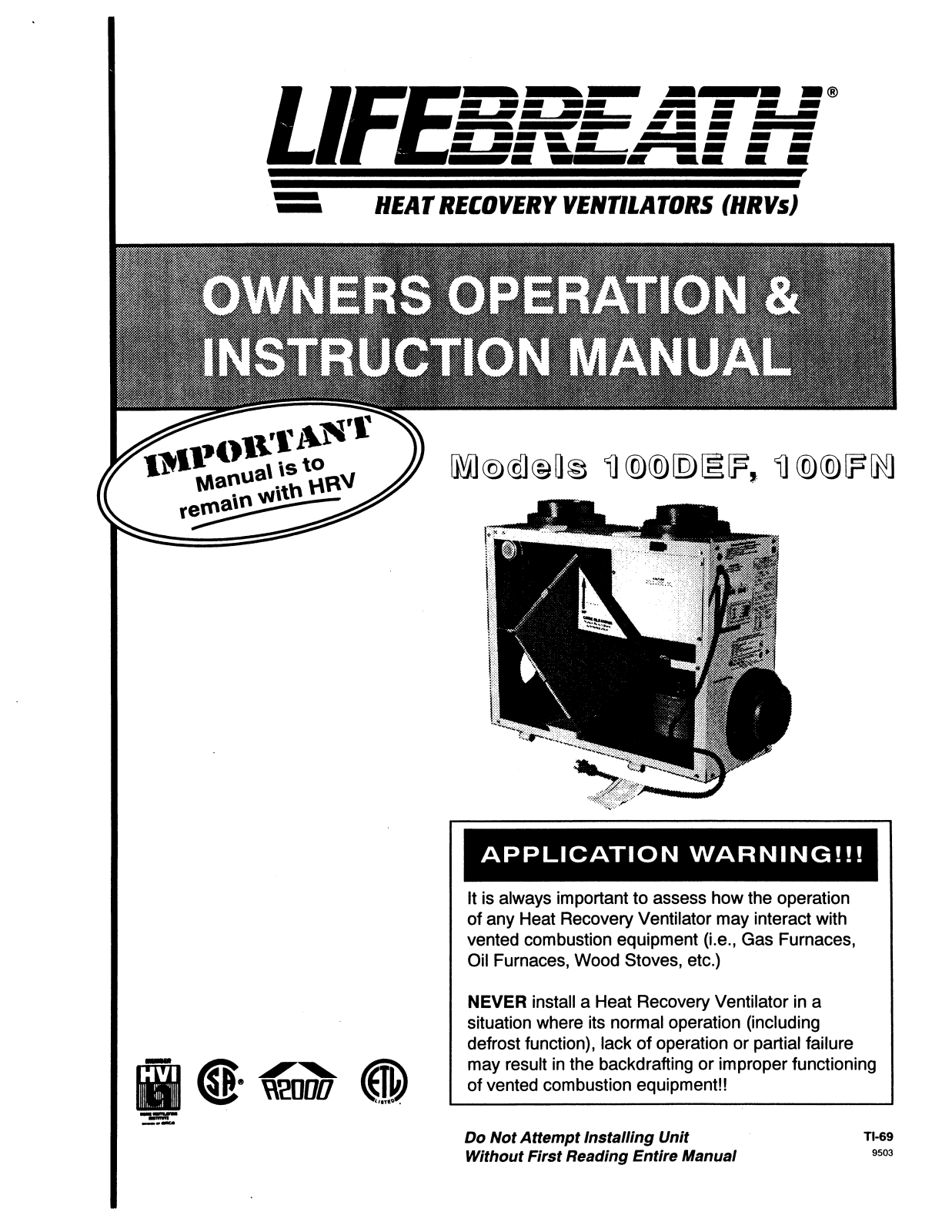 Lifebreath 100 DEF, 100 FN User Manual
