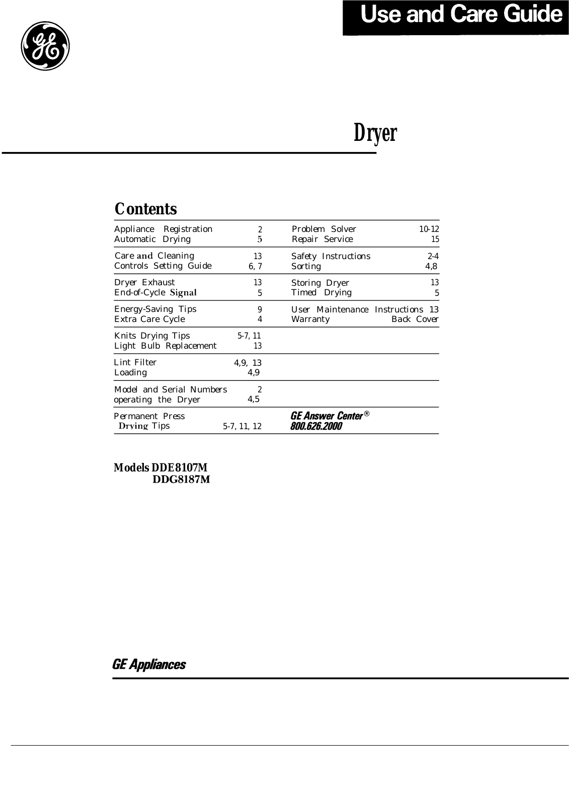 GE DDE8107M, DDG8187M Use and Care Manual