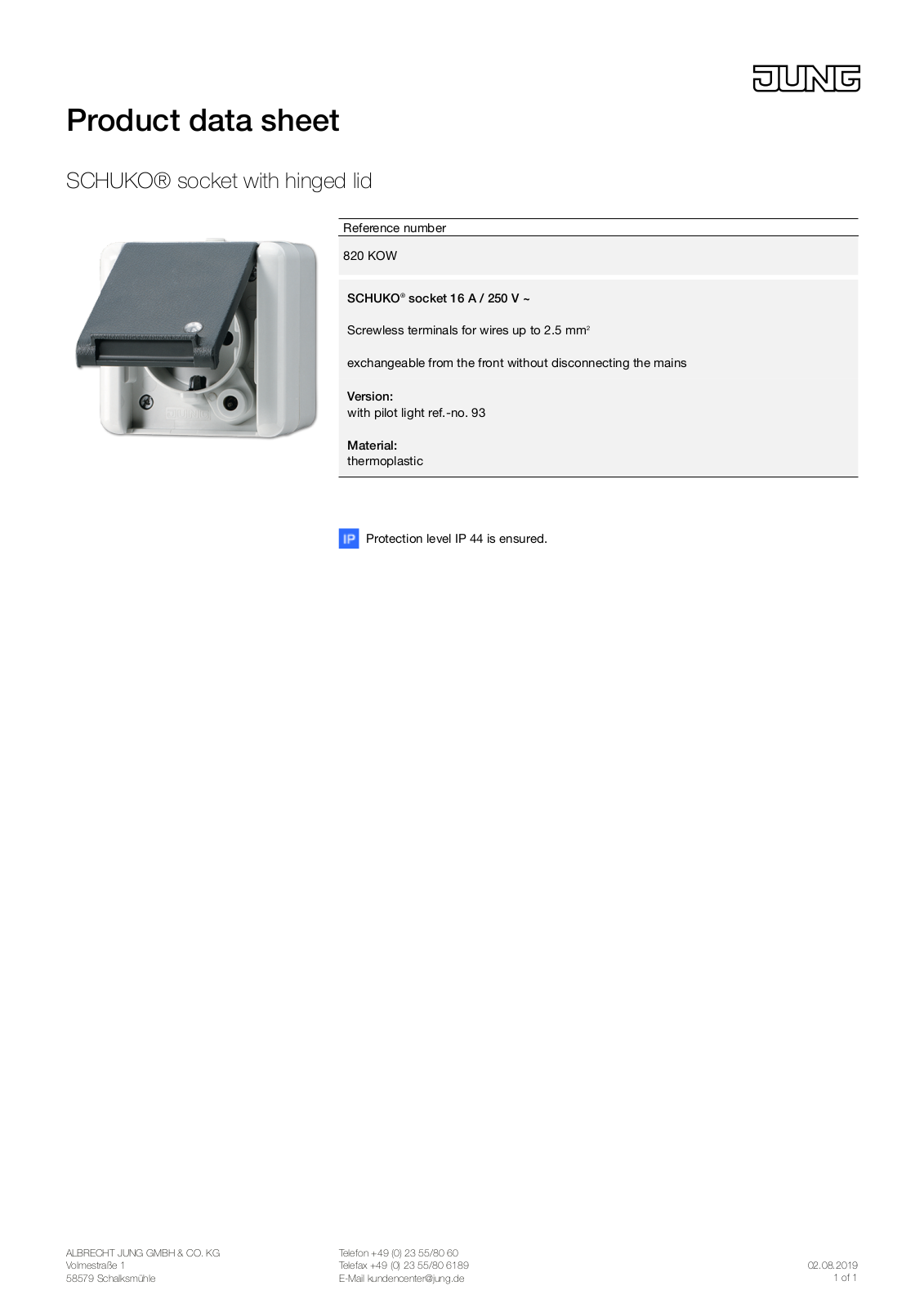 Jung 820 KOW Technical data