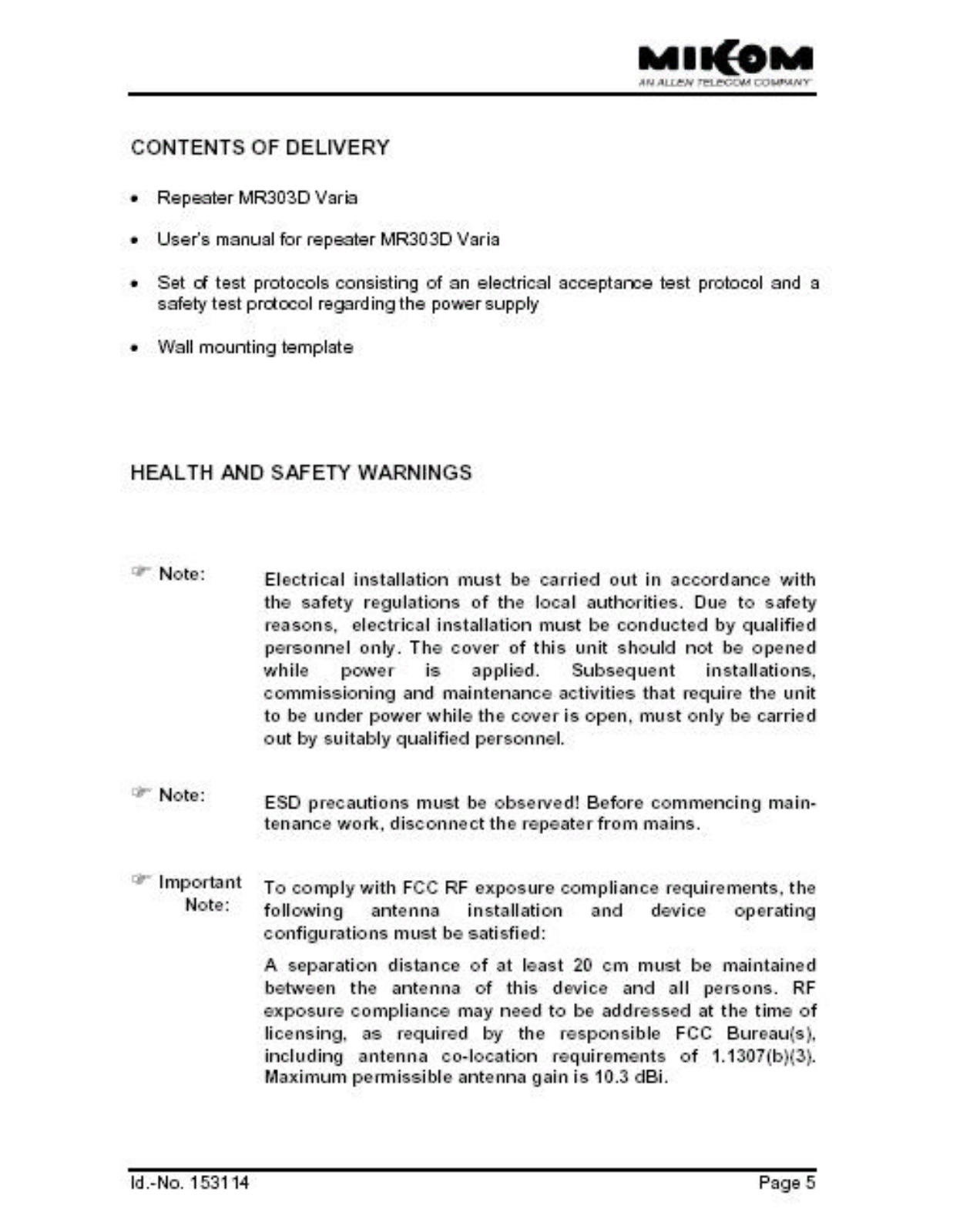 Andrew Wireless Innovations Group MR303D warnings