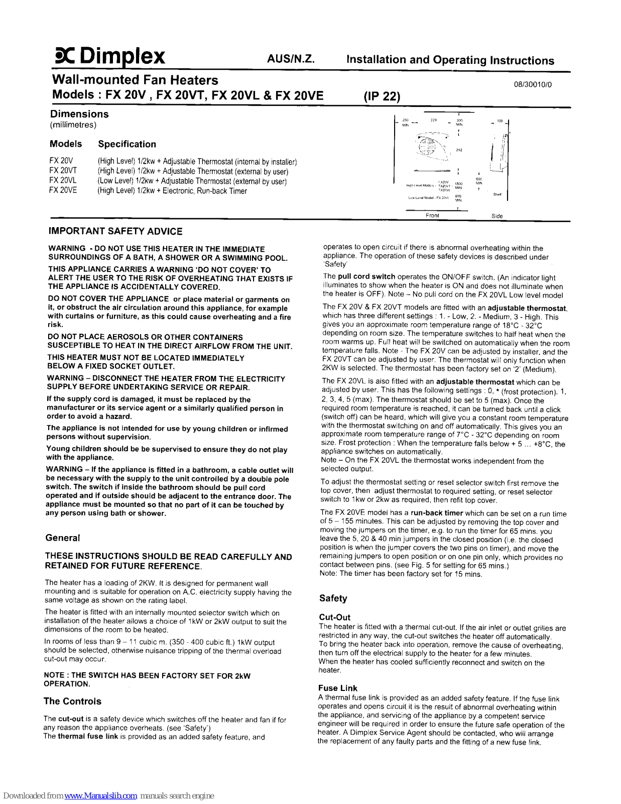 Dimplex FX 20VE, FX20VL, FX20VT, FX 20V Installation And Operating Instructions Manual