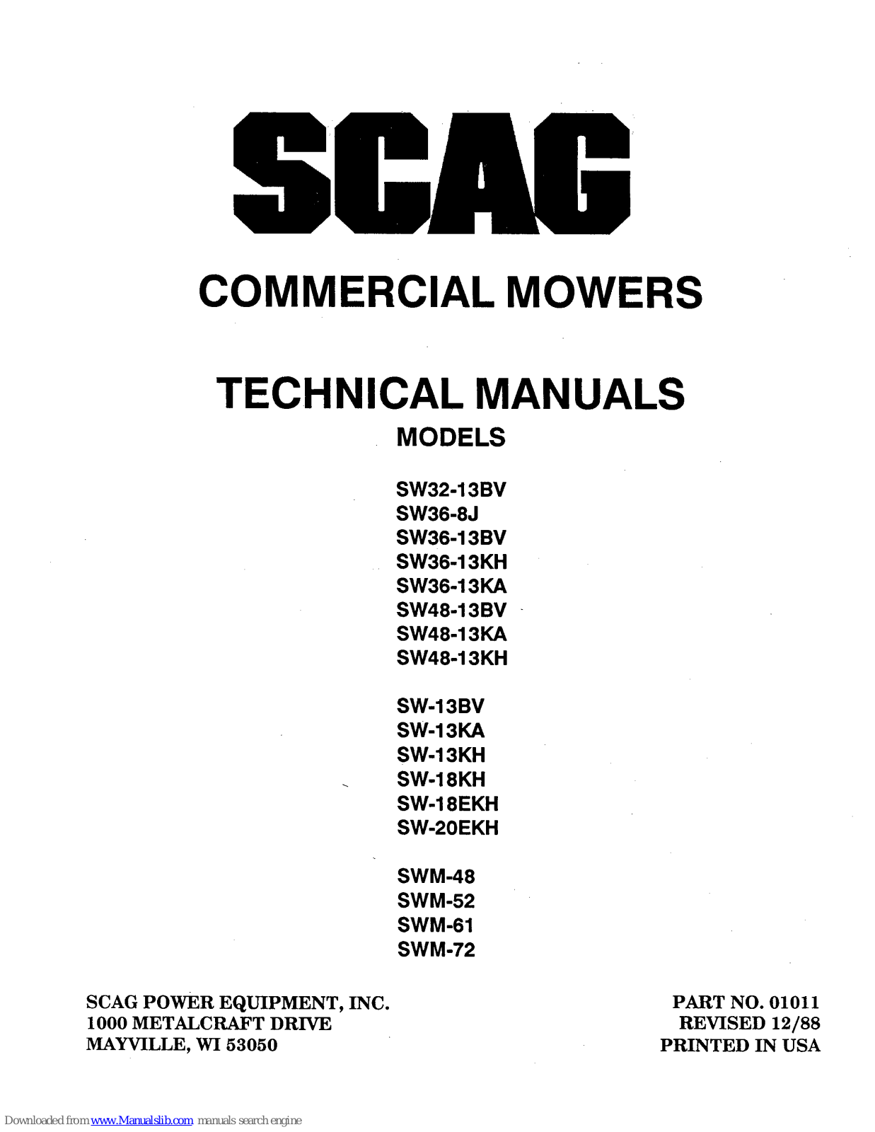 Scag Power Equipment SW36-8J, SW36-13BV, SW48-13BV, SW48-13KH, SW-13BV Technical Manual - ManualMachine.com