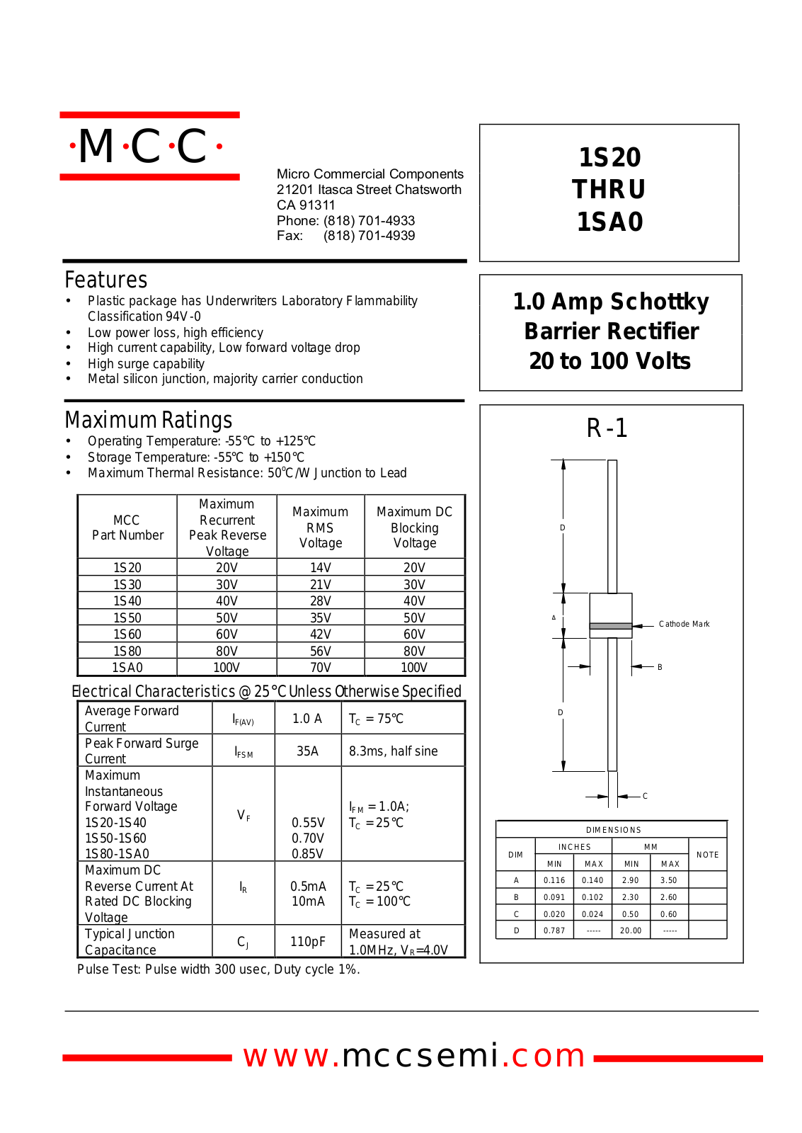 MCC 1S50, 1SA0, 1S60, 1S40, 1S30 Datasheet