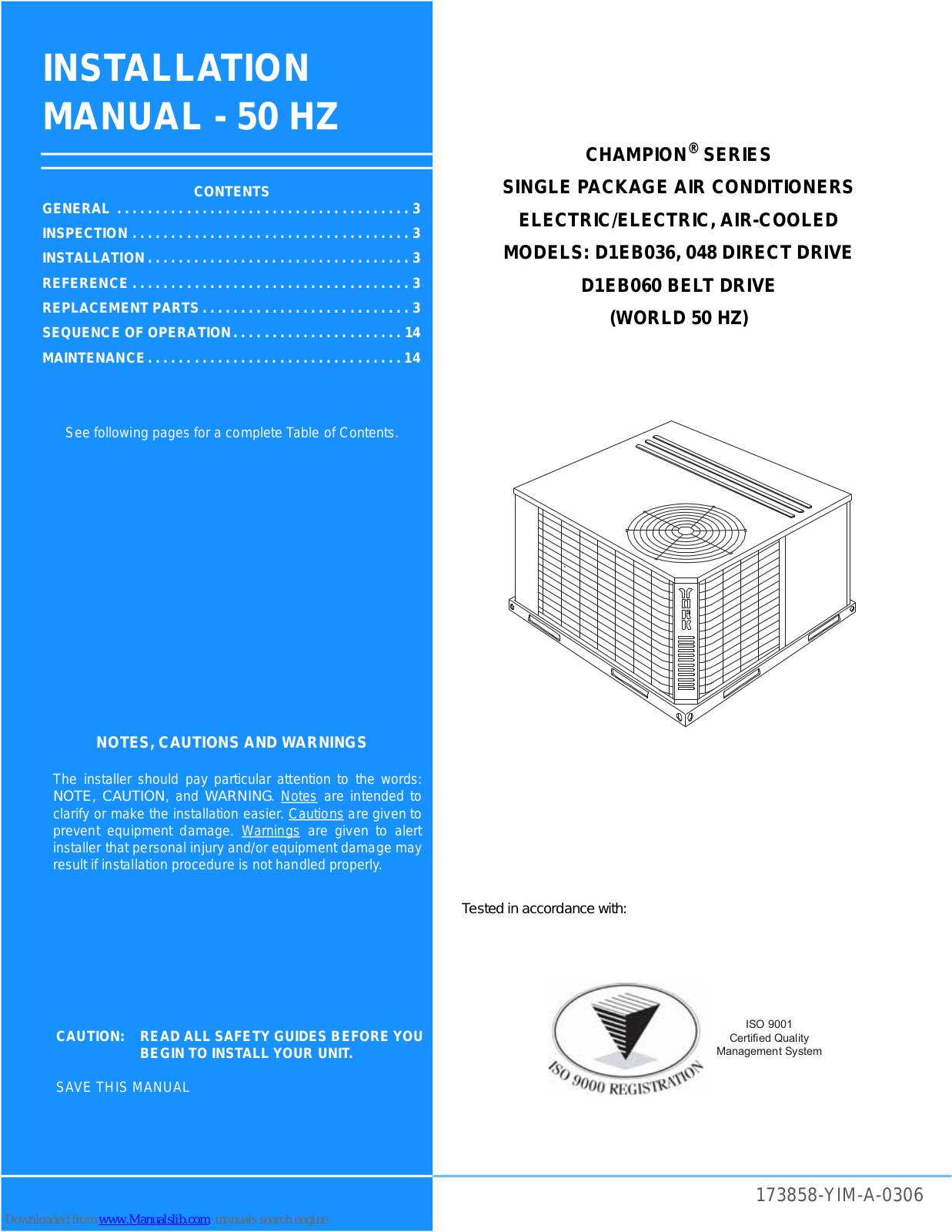 York D1EB036, D1EB060, D1EB048 Installation Manual