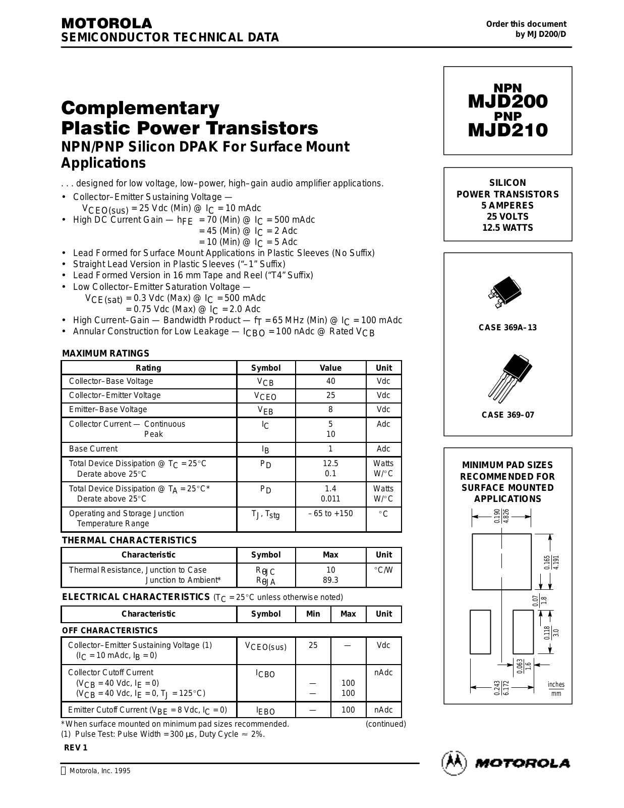 Motorola MJD210T4, MJD210, MJD200, MJD210RL Datasheet