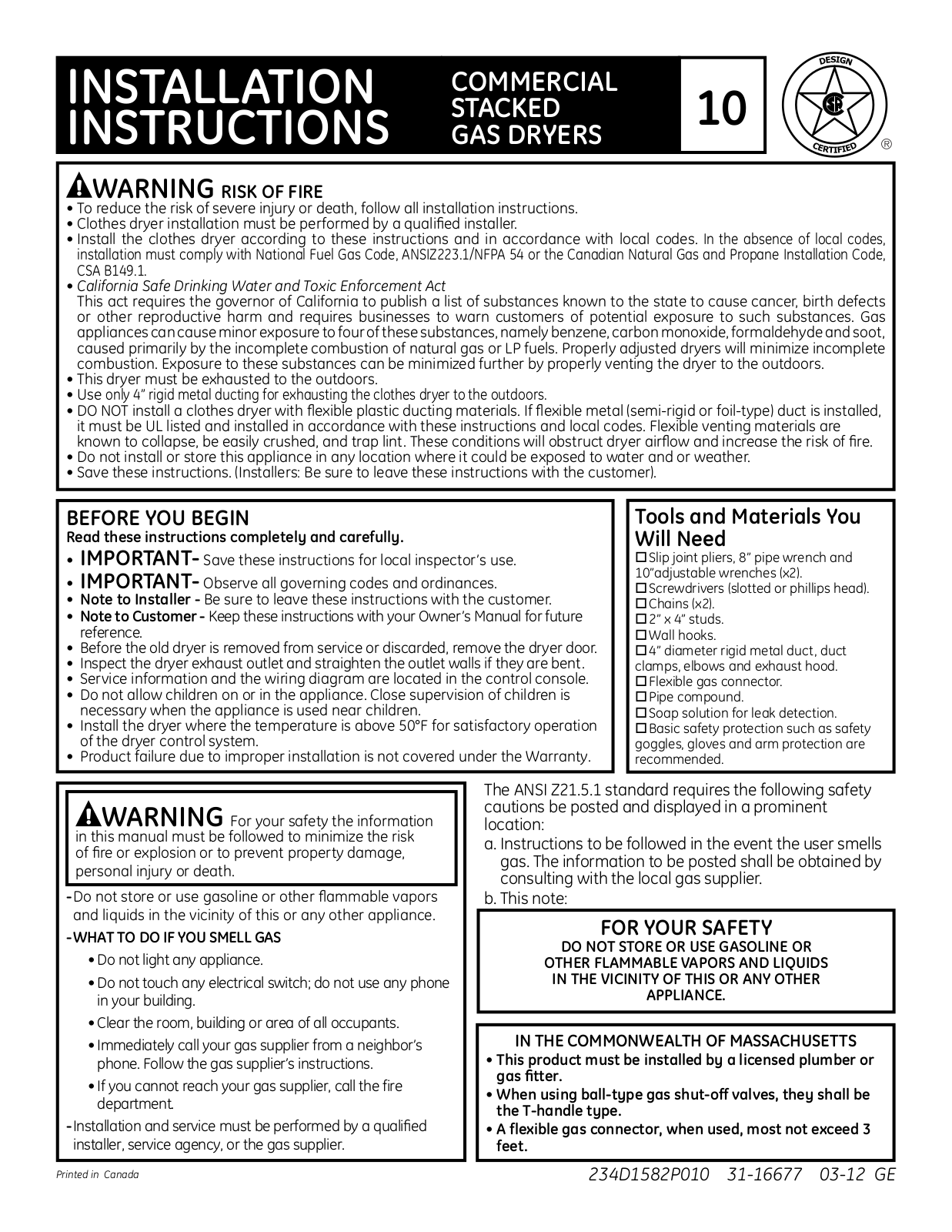 GE COMMERCIAL STACKED GAS DRYERS Installation Instructions