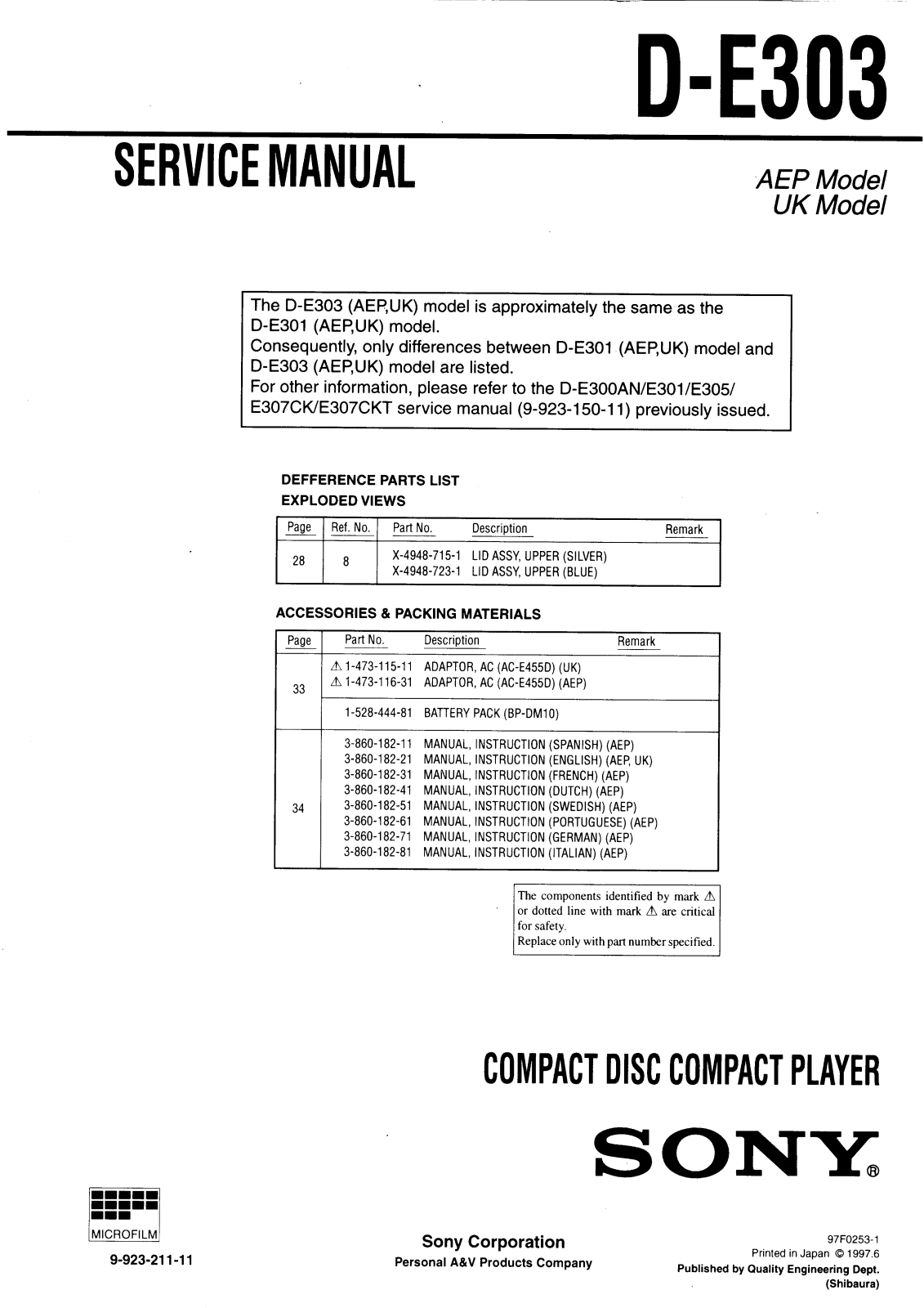 Sony D-E303 Service Manual