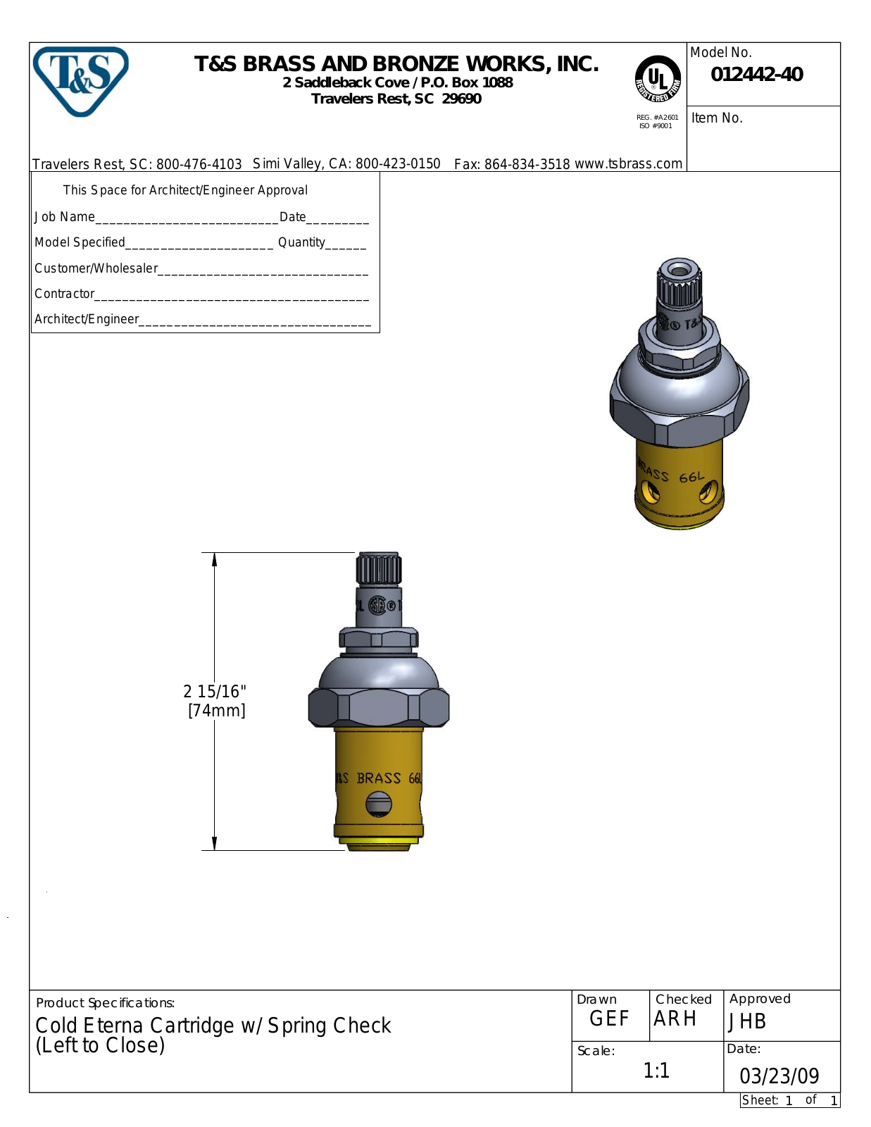 T&S Brass 012442-40 User Manual