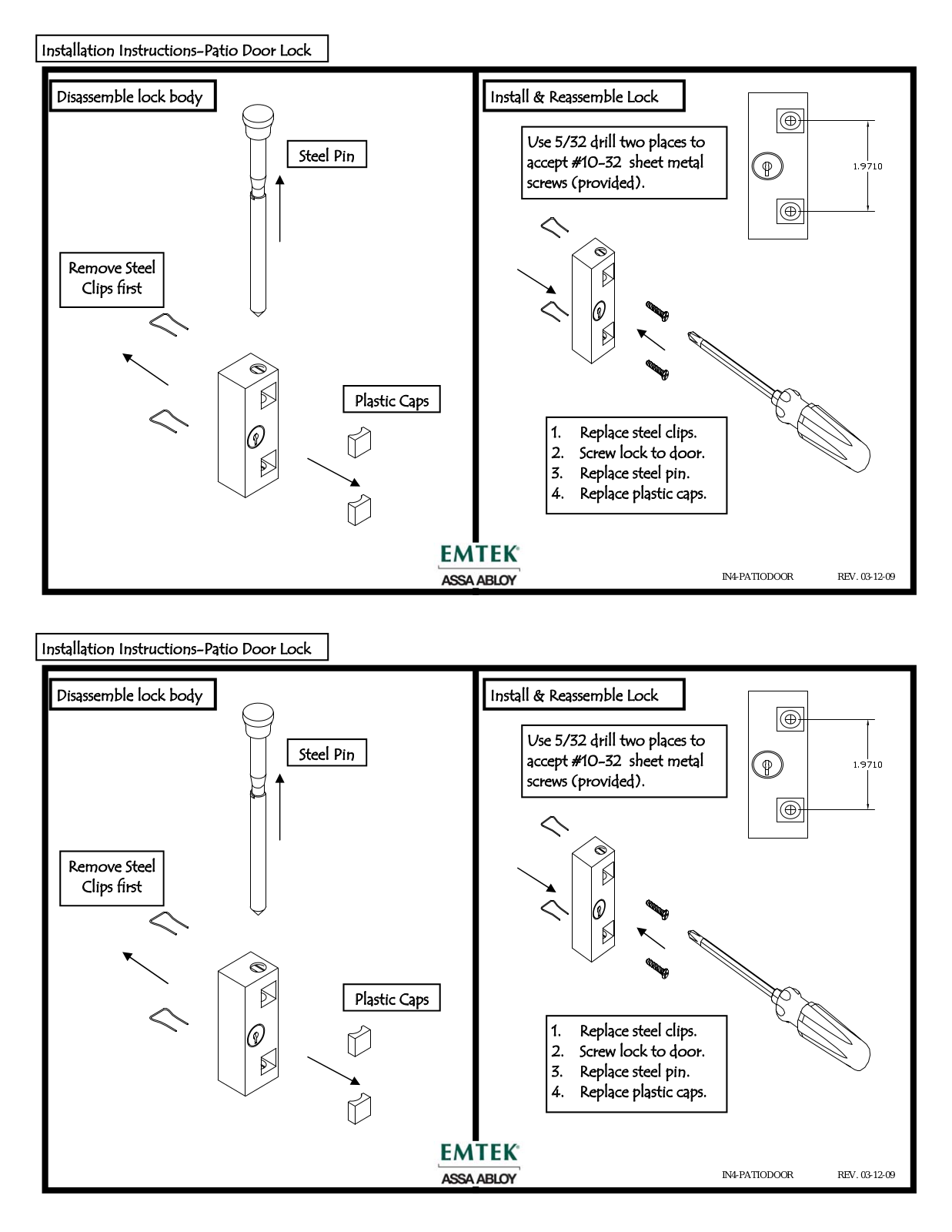 Emtek Patio Door Bolt User Manual