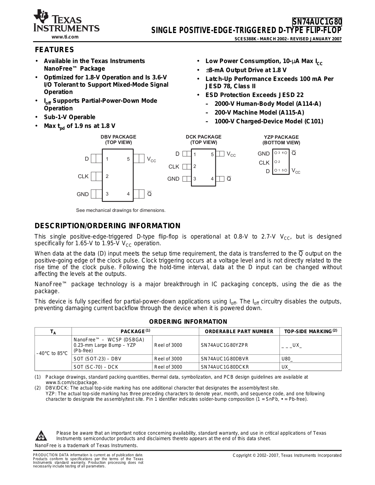 TEXAS INSTRUMENTS SN74AUC1G80 Technical data