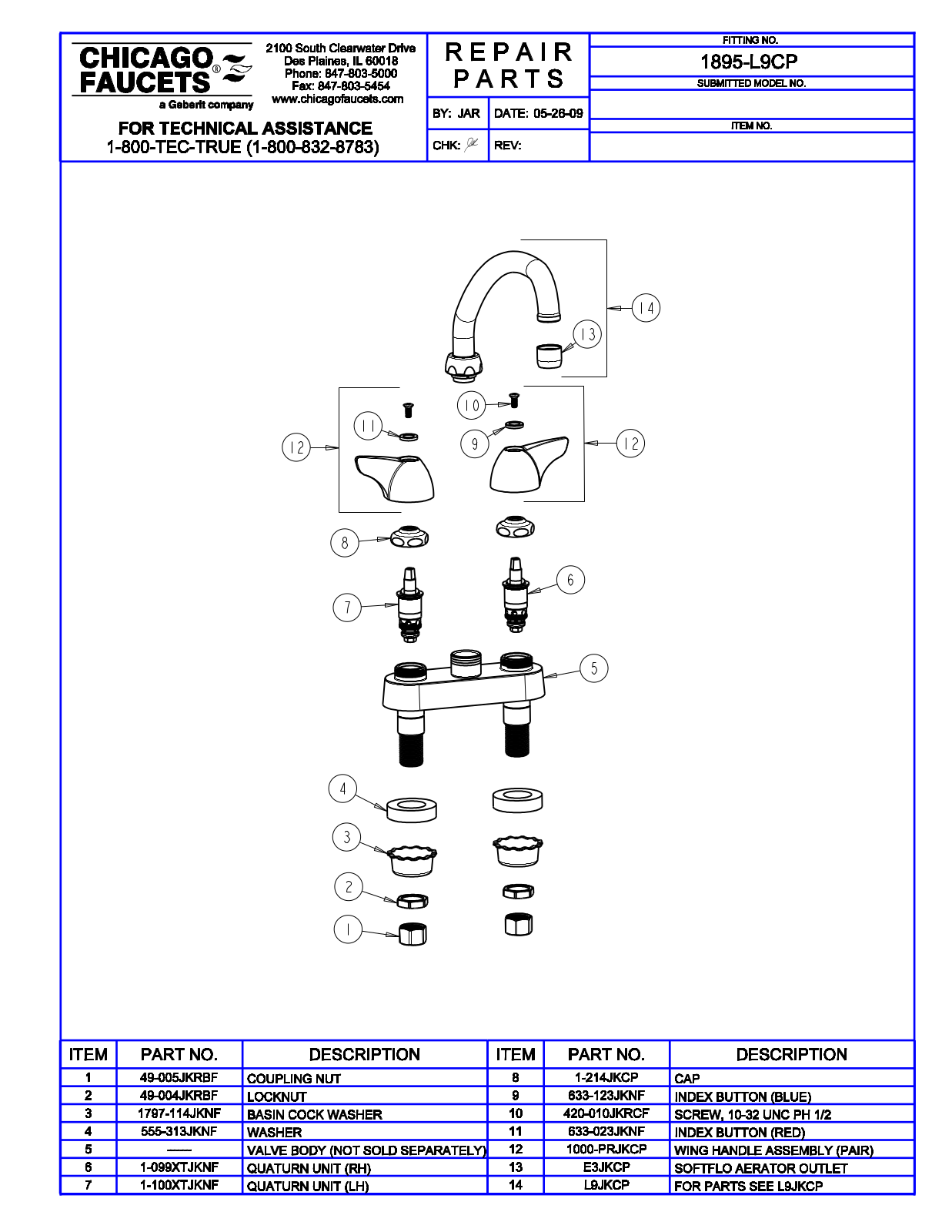 Chicago Faucet 1895-L9CP Parts List