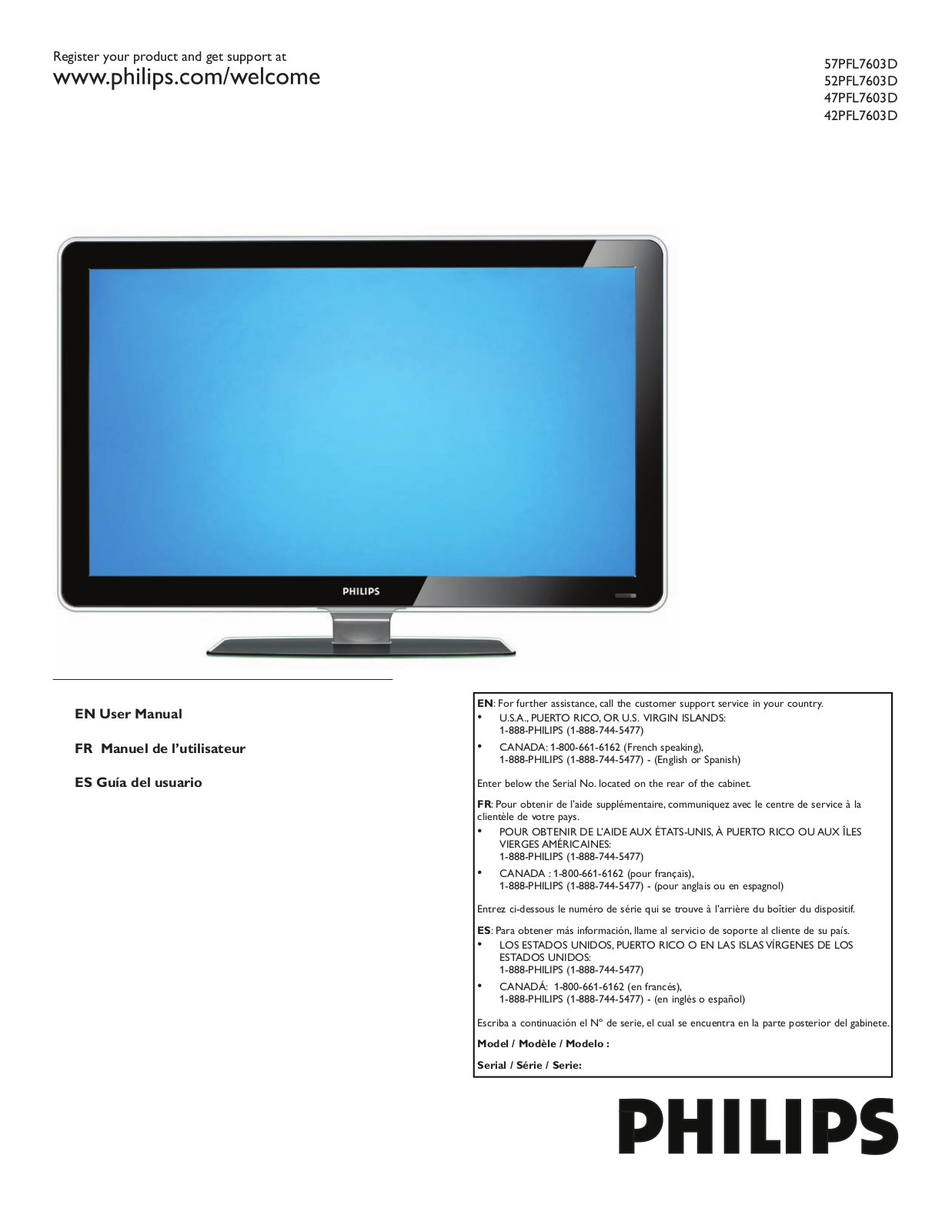 Philips 47PFL7603D/27, 42PFL7603D/27 User manual