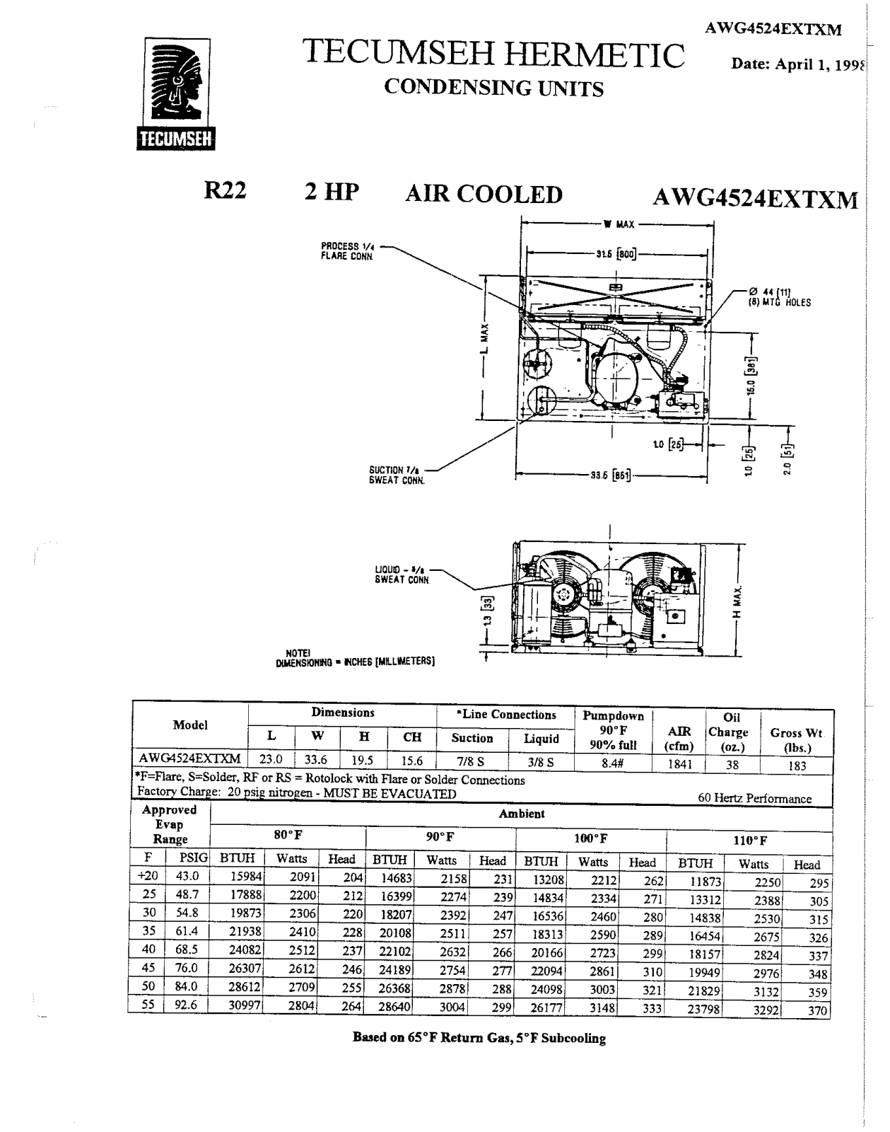 Tecumseh AWG4524EXTXM Performance Data Sheet