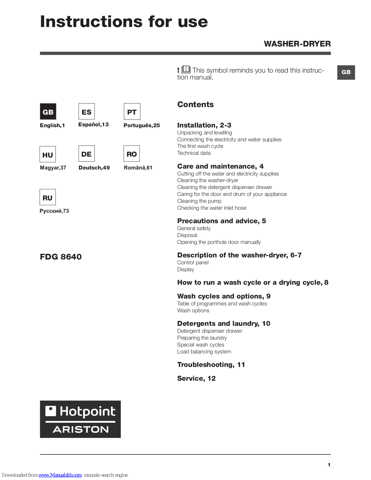 Hotpoint FDG 8640 Instructions For Use Manual