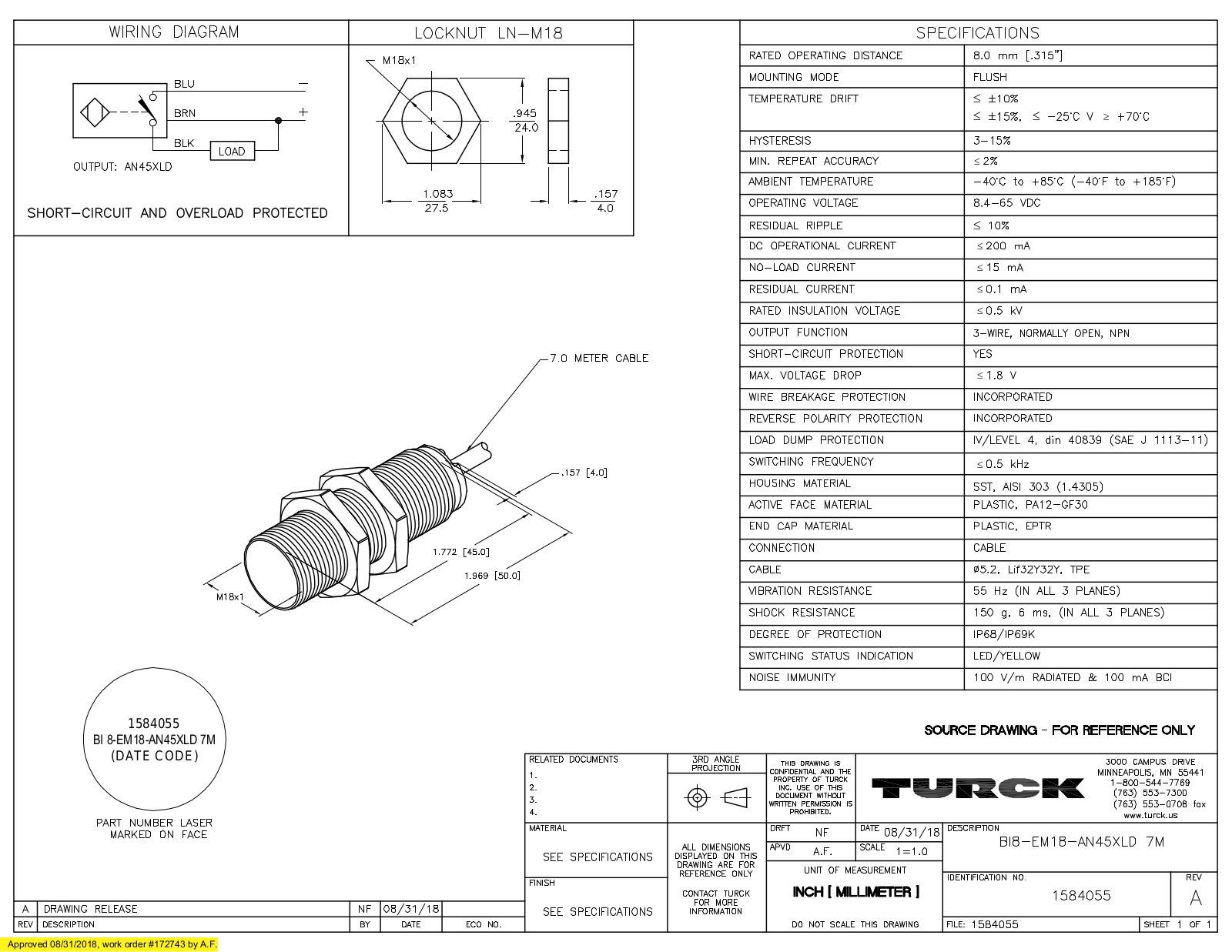 Turck BI8-EM18-AN45XLD7M Data Sheet