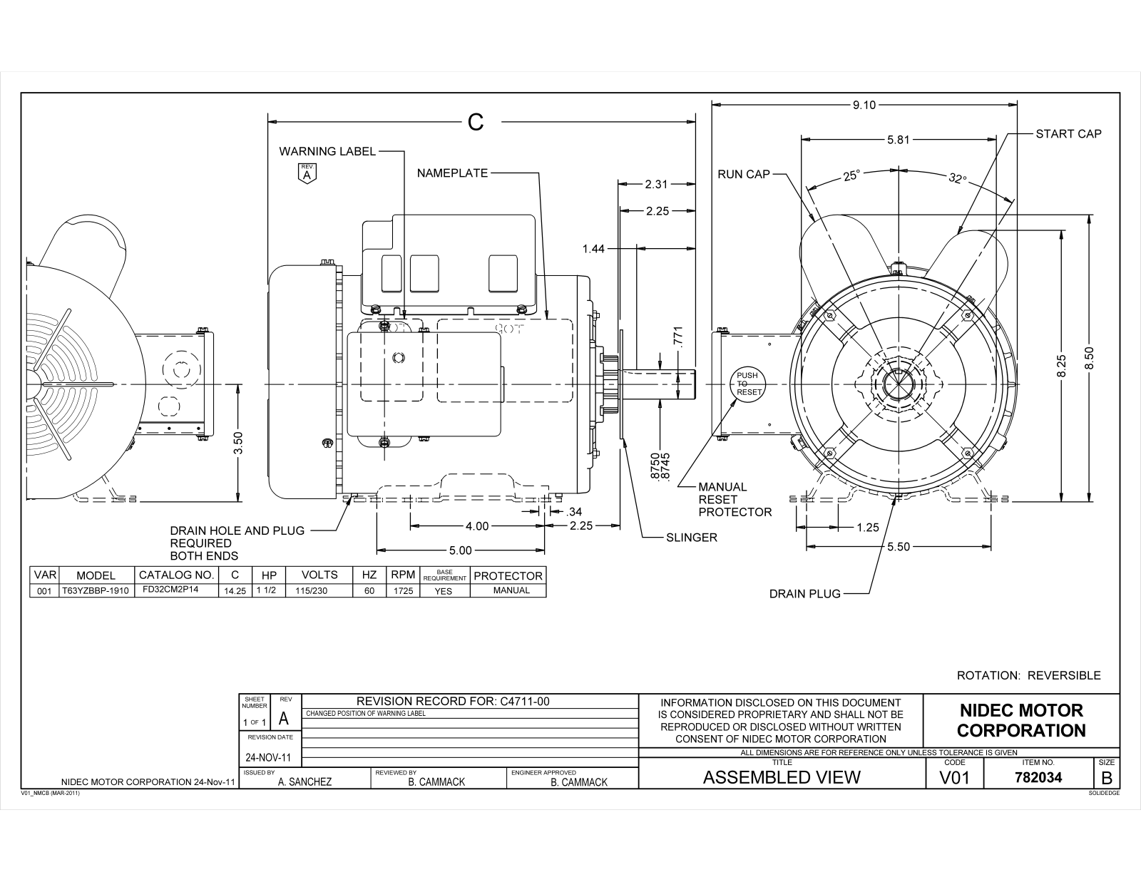 US Motors FD32CM2P14 Dimensional Sheet