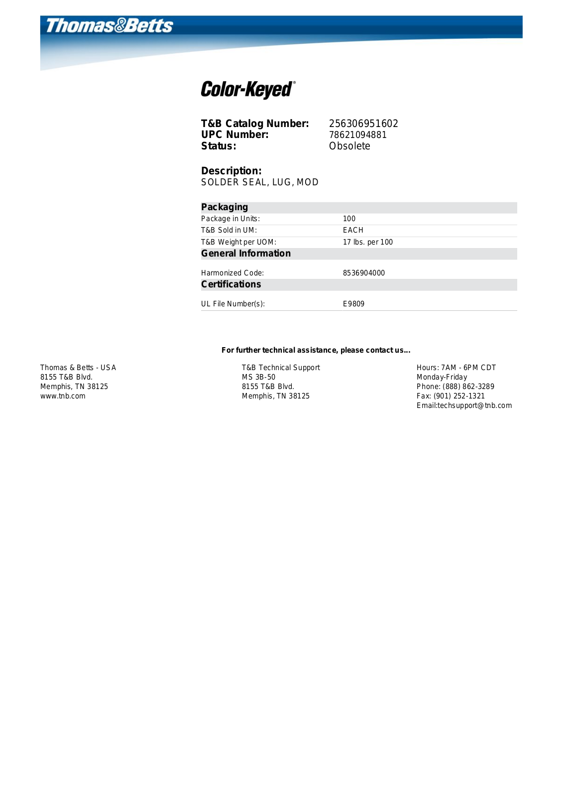 Thomas & Betts 256-30695-1602 Data Sheet