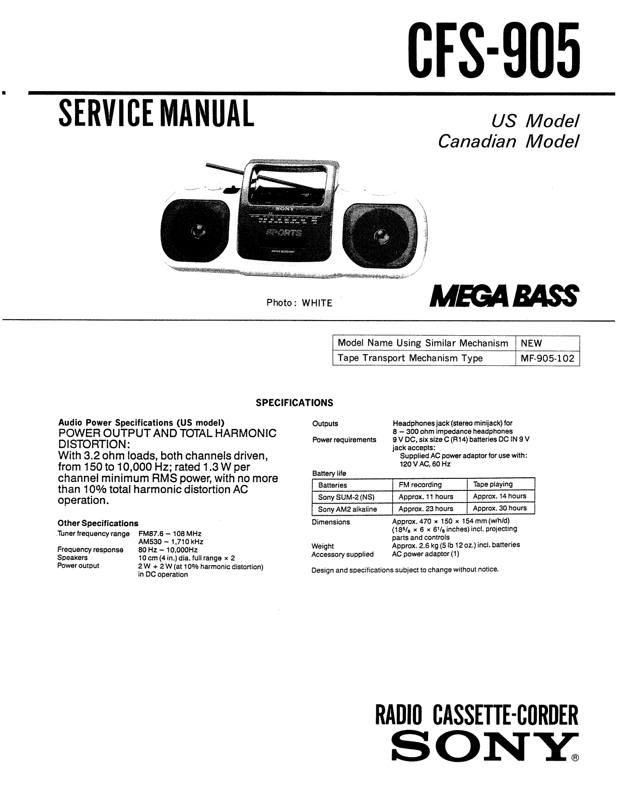 Sony CFS-905 Service manual