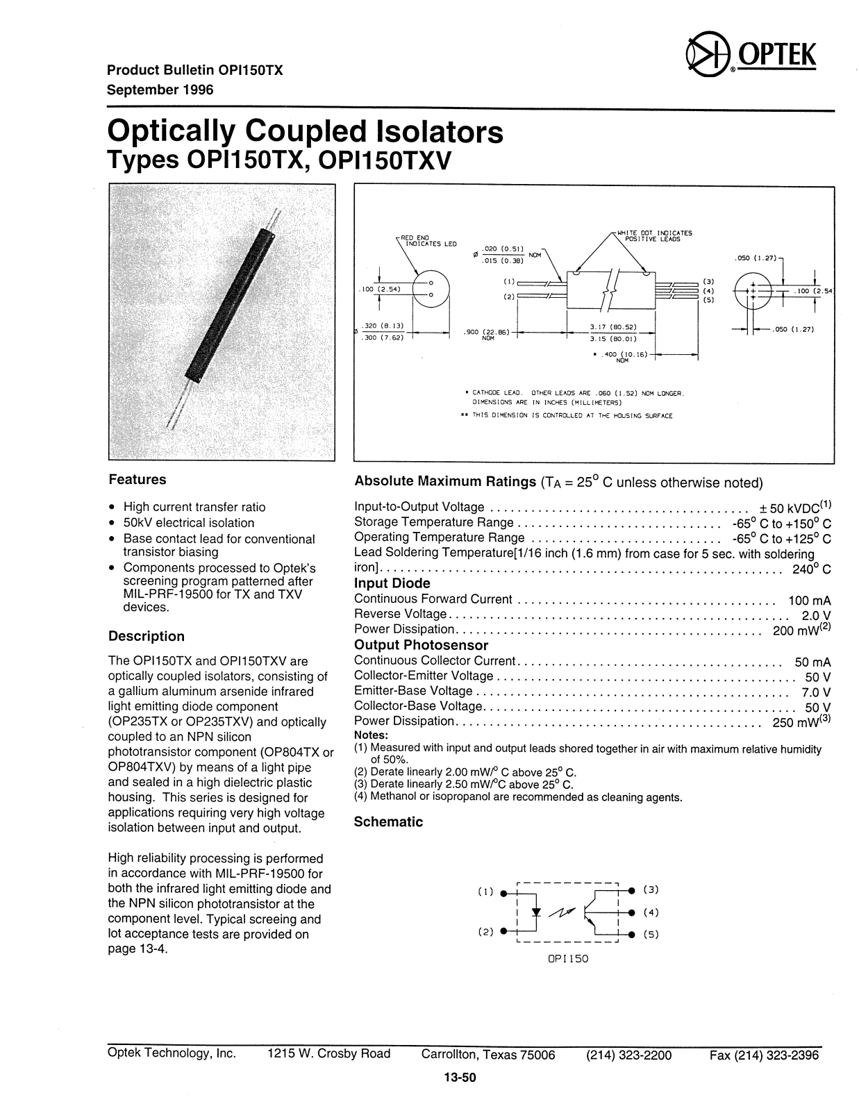 OPTEK OPI150TX, OPI150TXV Datasheet