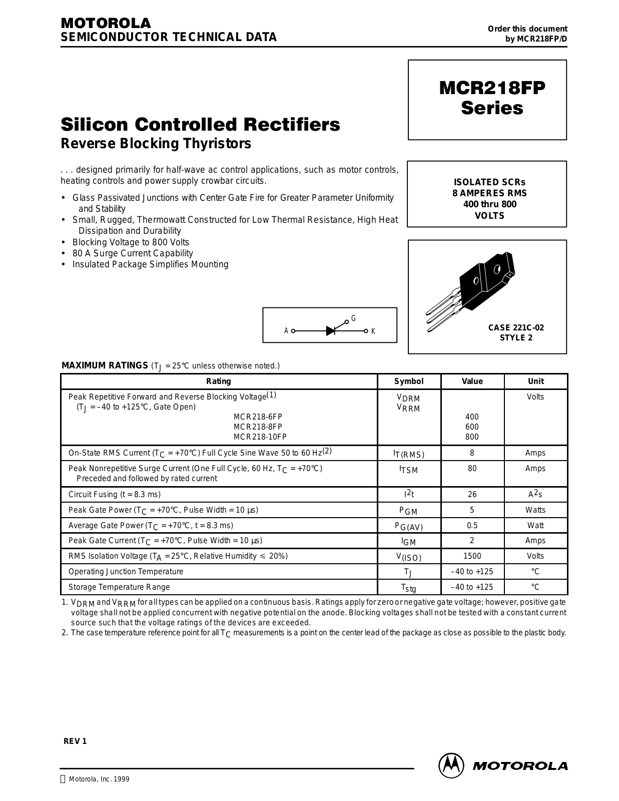 MOTOROLA MCR218FP Technical data