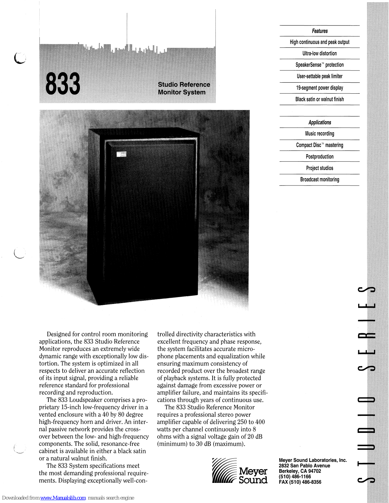 Meyer Sound Studio Reference Monitor System 833 Specifications