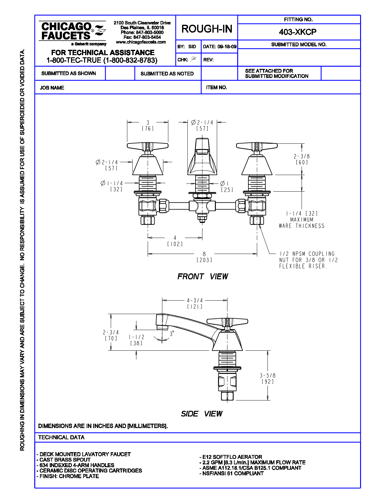 Chicago Faucet 403-XKCP User Manual