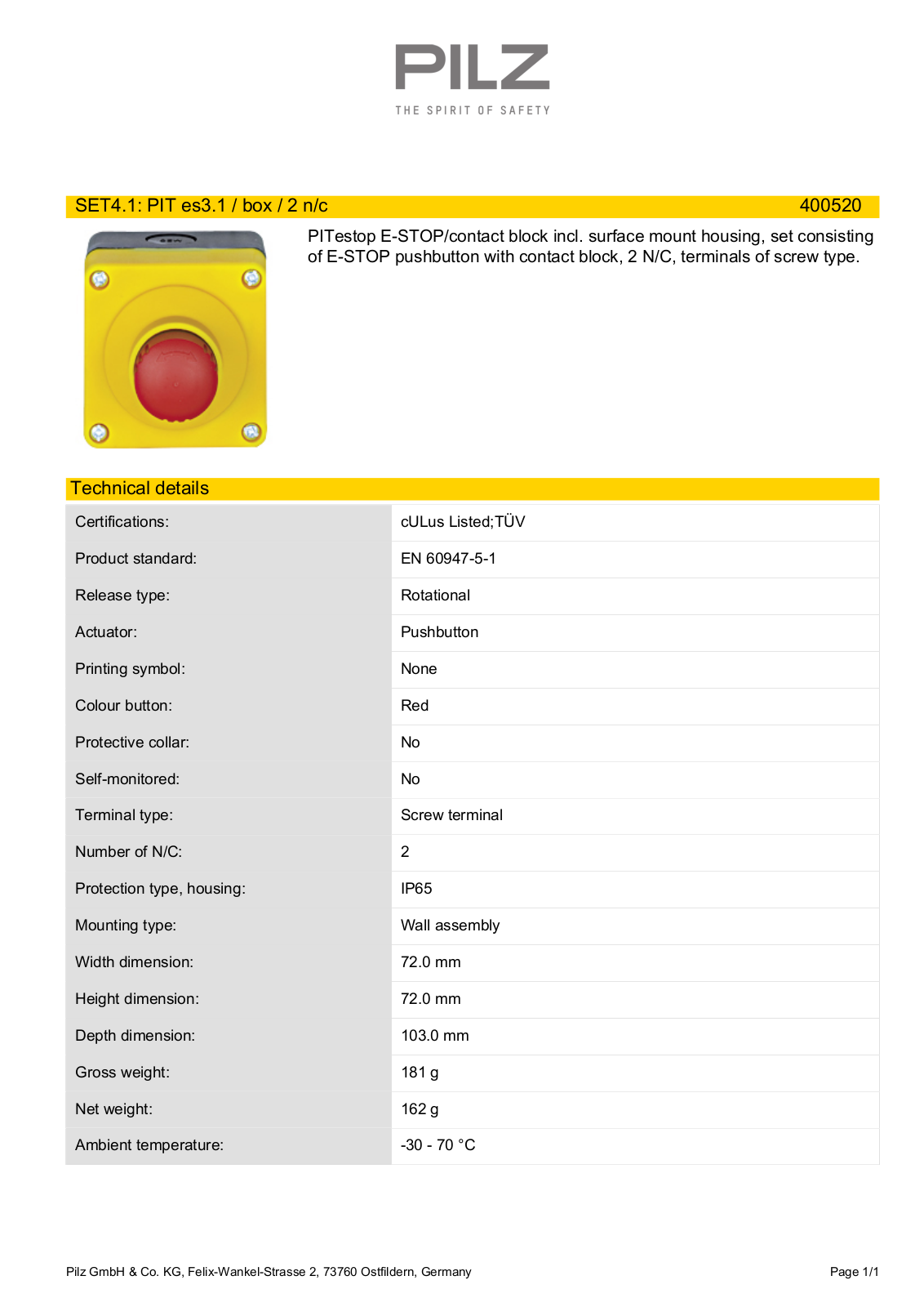 Pilz 400520 Data Sheet