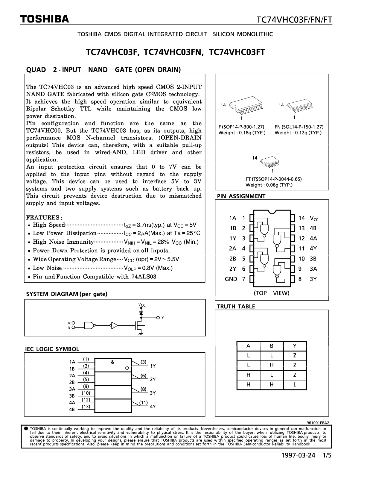 TOSHIBA TC74VHC03F, TC74VHC03FN, TC74VHC03FT Technical data