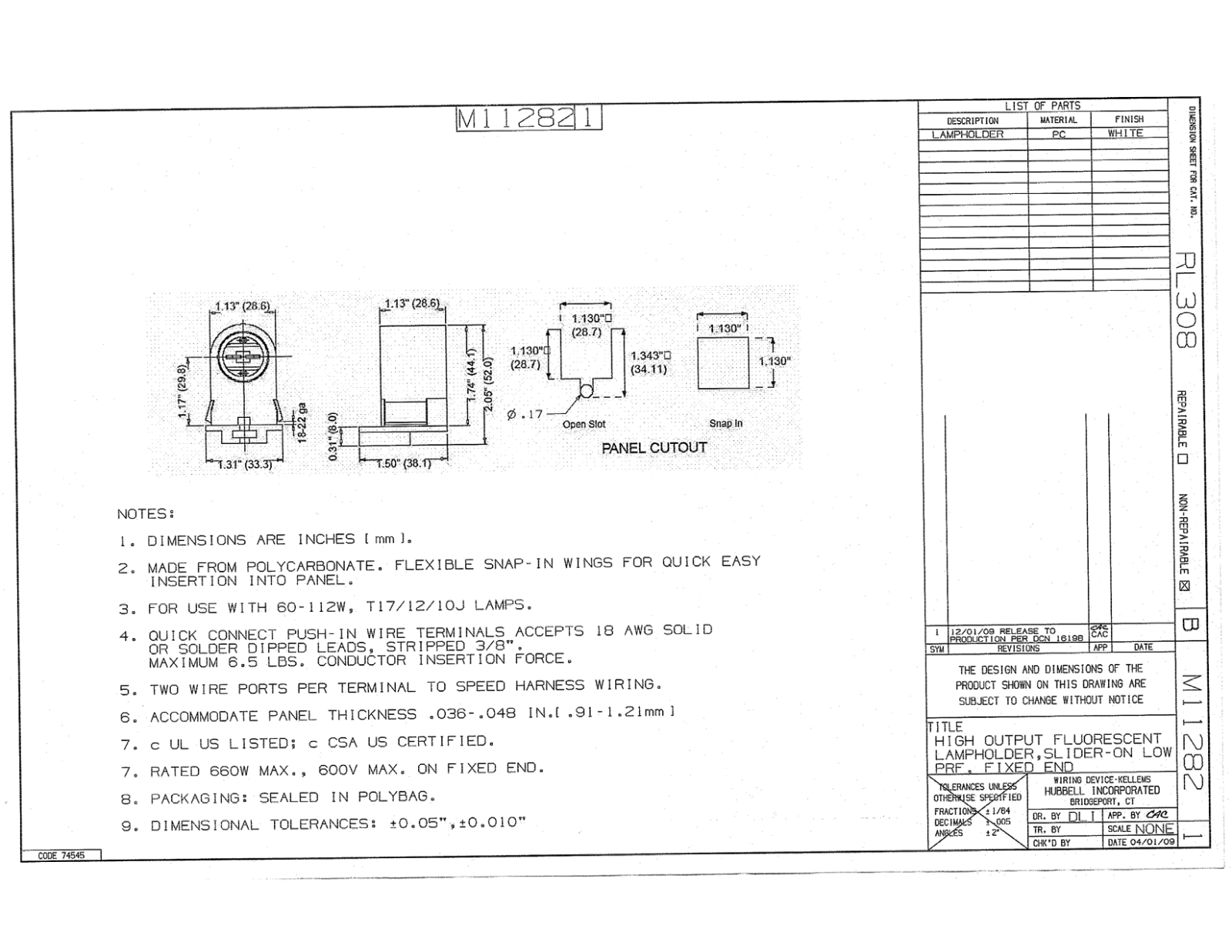 Hubbell RL308 Reference Drawing