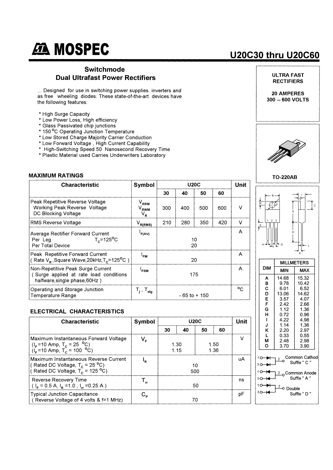 MOSPEC U20C30D, U20C30A, U20C30C, U20C60D, U20C60C Datasheet