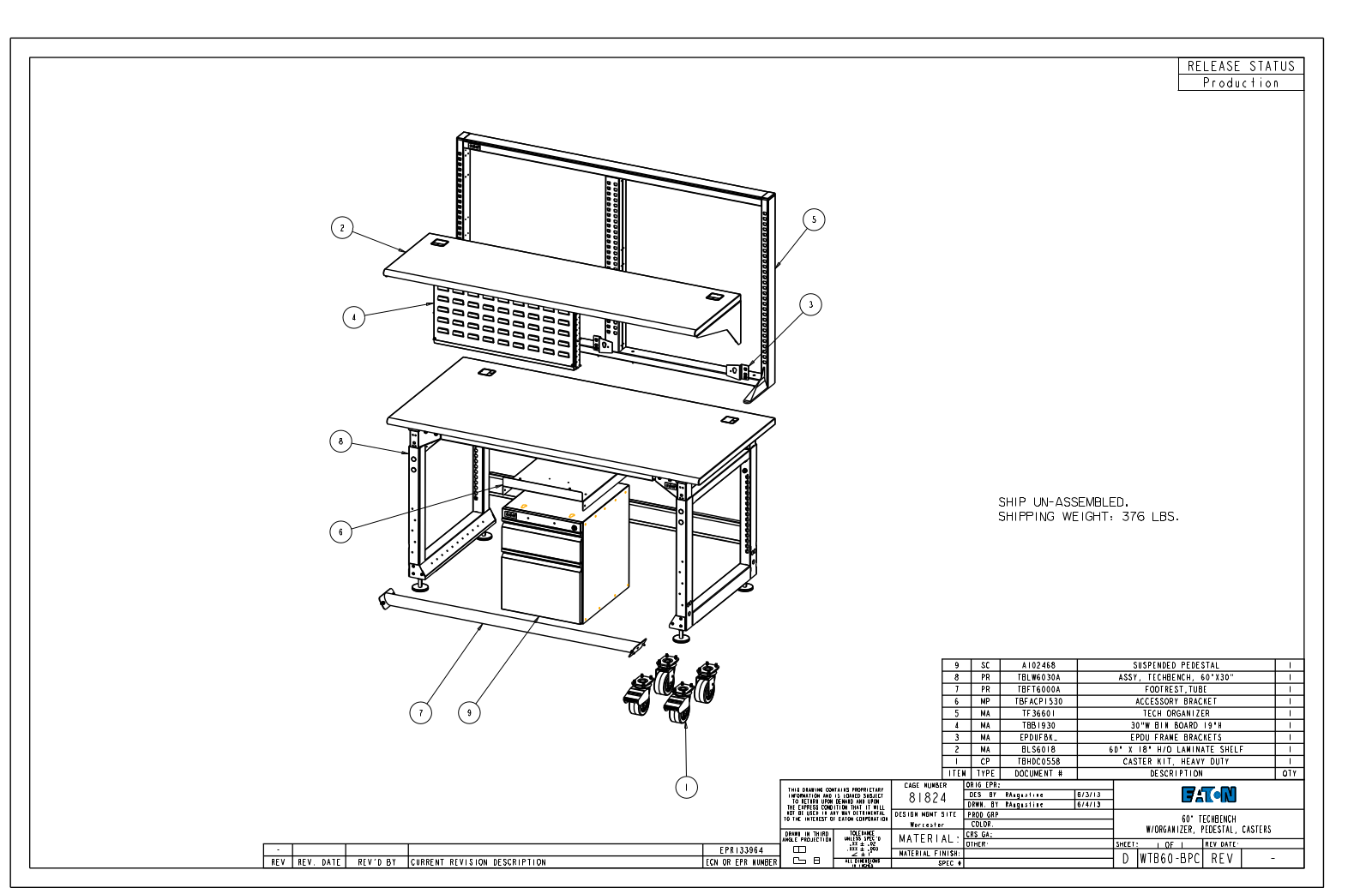 Eaton Benches By Wright Line WTB60-BPC Dimensional Sheet