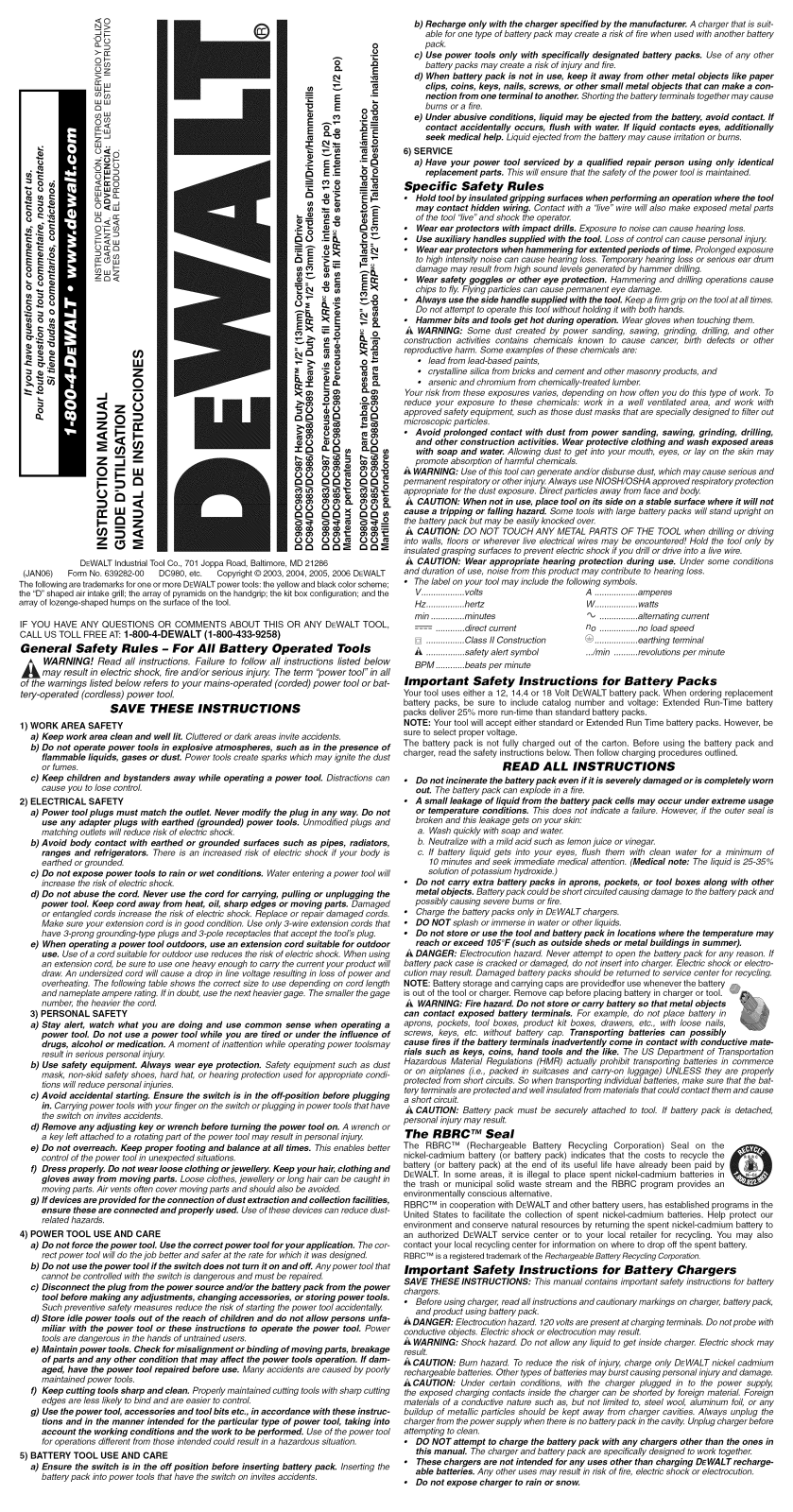 DeWalt DC984KA TYPE 1, DC985KA TYPE 1, DC986KA TYPE 1 Owner’s Manual